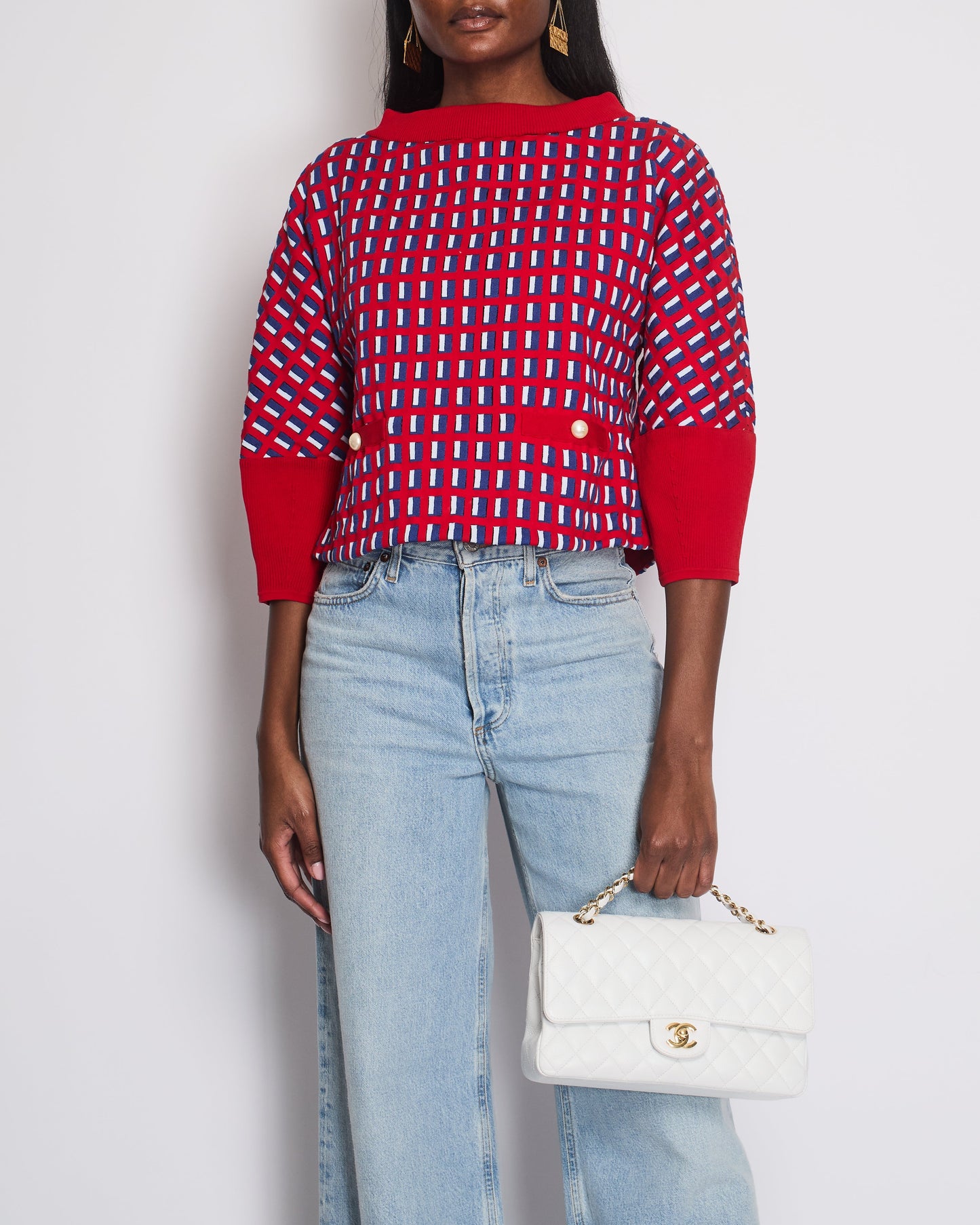 Chanel Red Knit Jumper With Pearl Pockets & Blue And White Window Detail Size Fr 36 (Uk 8) Bag