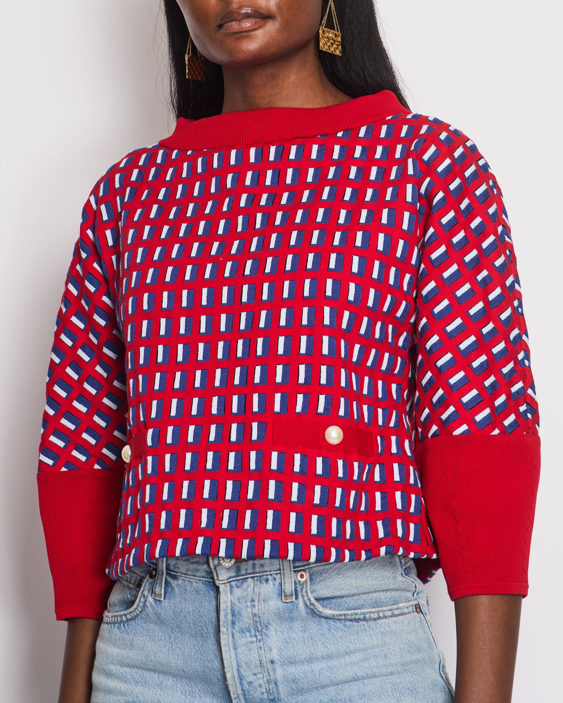 Chanel Red Knit Jumper With Pearl Pockets & Blue And White Window Detail Size Fr 36 (Uk 8) Bag