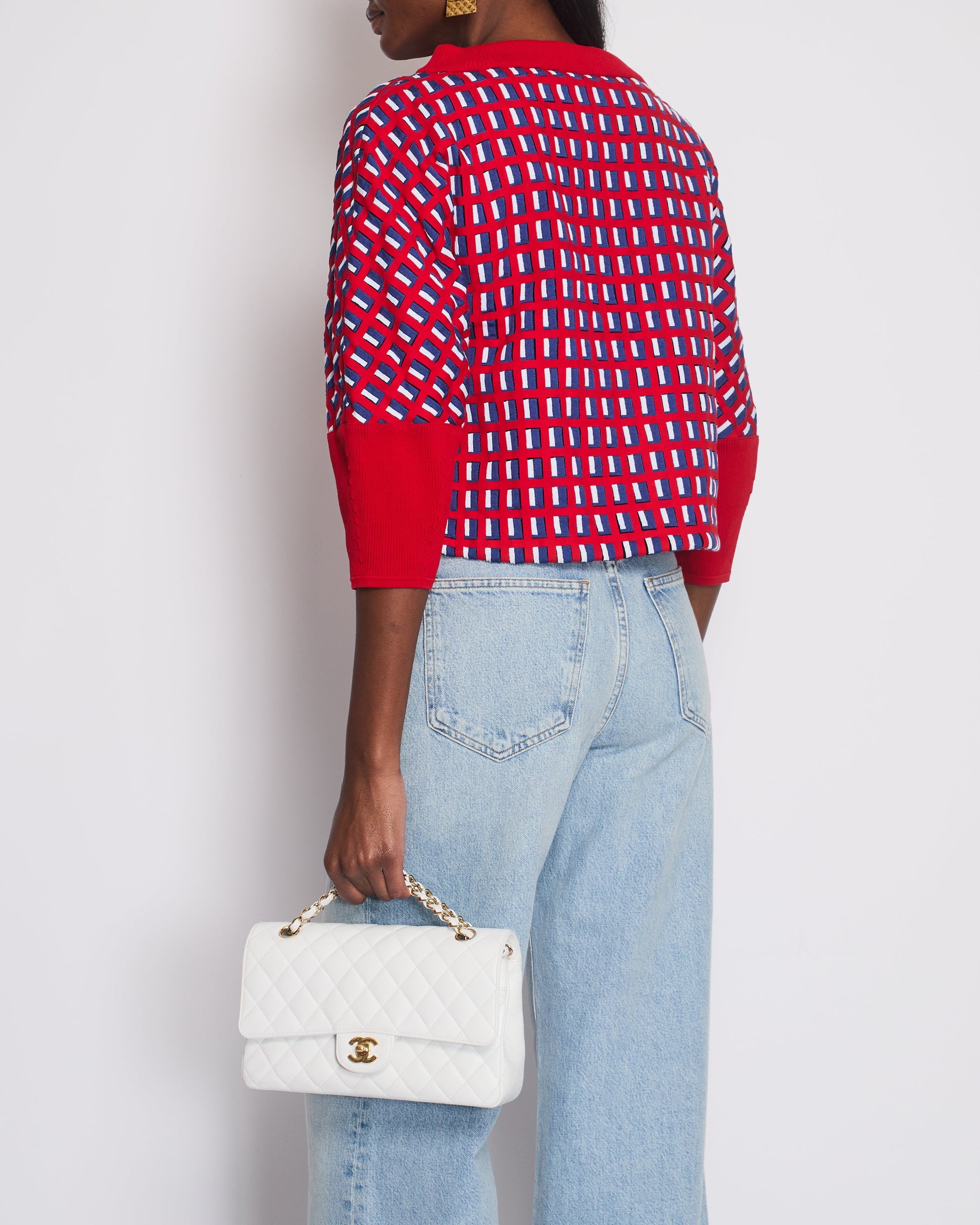Chanel Red Knit Jumper With Pearl Pockets & Blue And White Window Detail Size Fr 36 (Uk 8) Bag