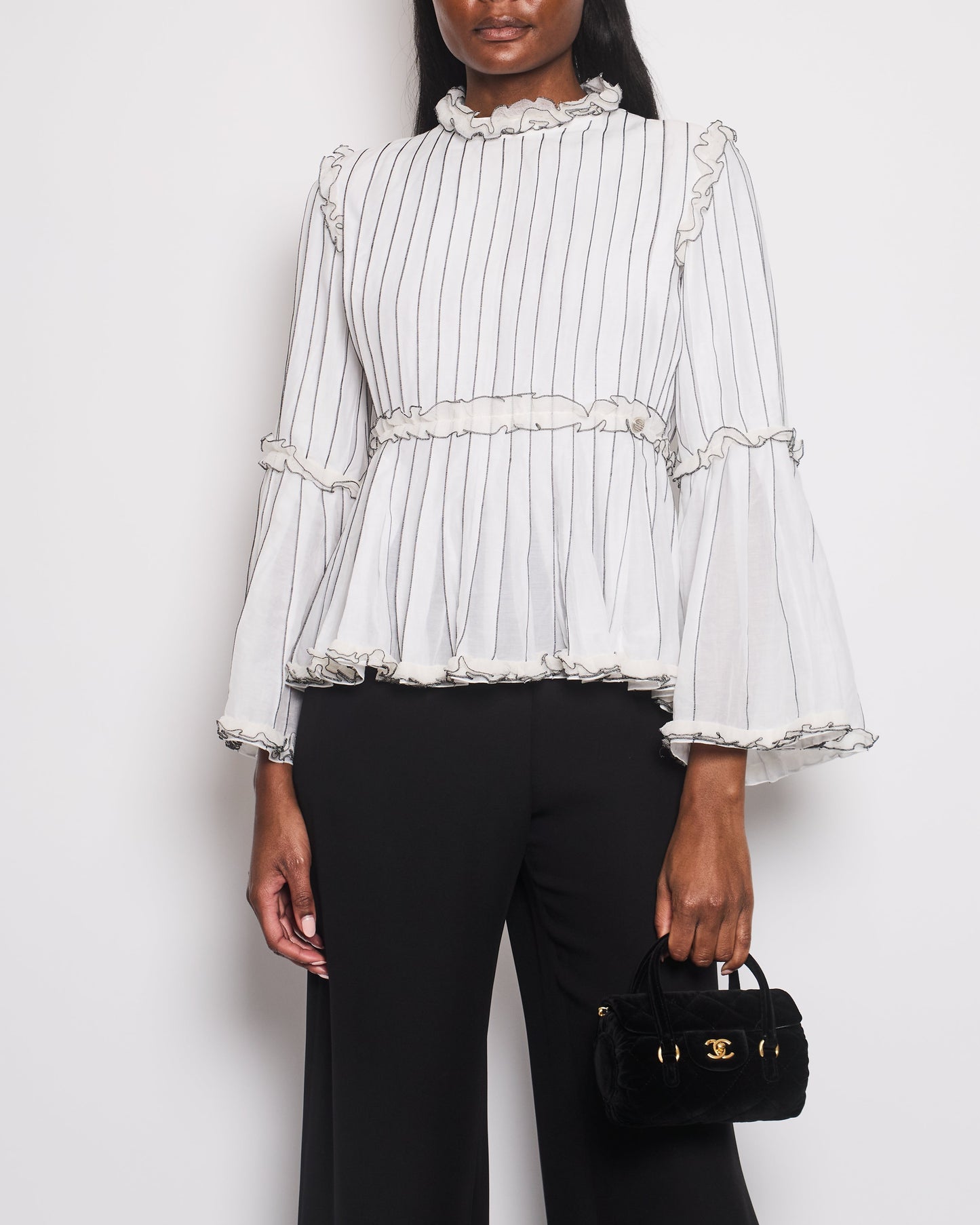 Chanel Spring White Silk Striped Ruffle Long-Sleeve Top Velcro Back Detail Size Fr 36 (Uk 8) Bag