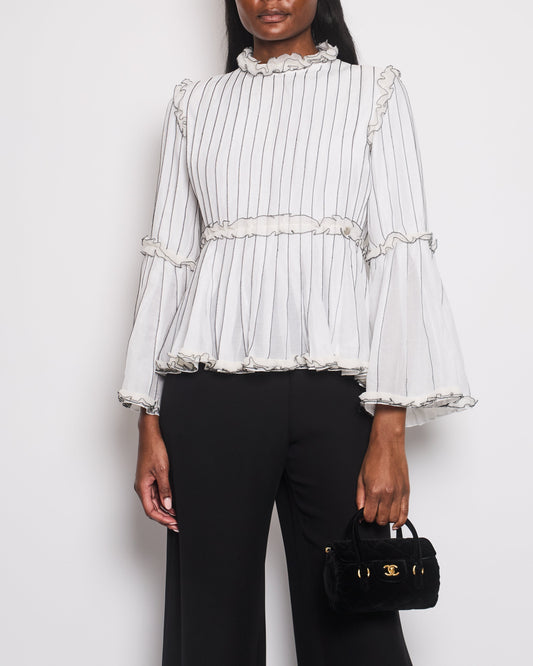 Chanel Spring White Silk Striped Ruffle Long-Sleeve Top Velcro Back Detail Size Fr 36 (Uk 8) Bag
