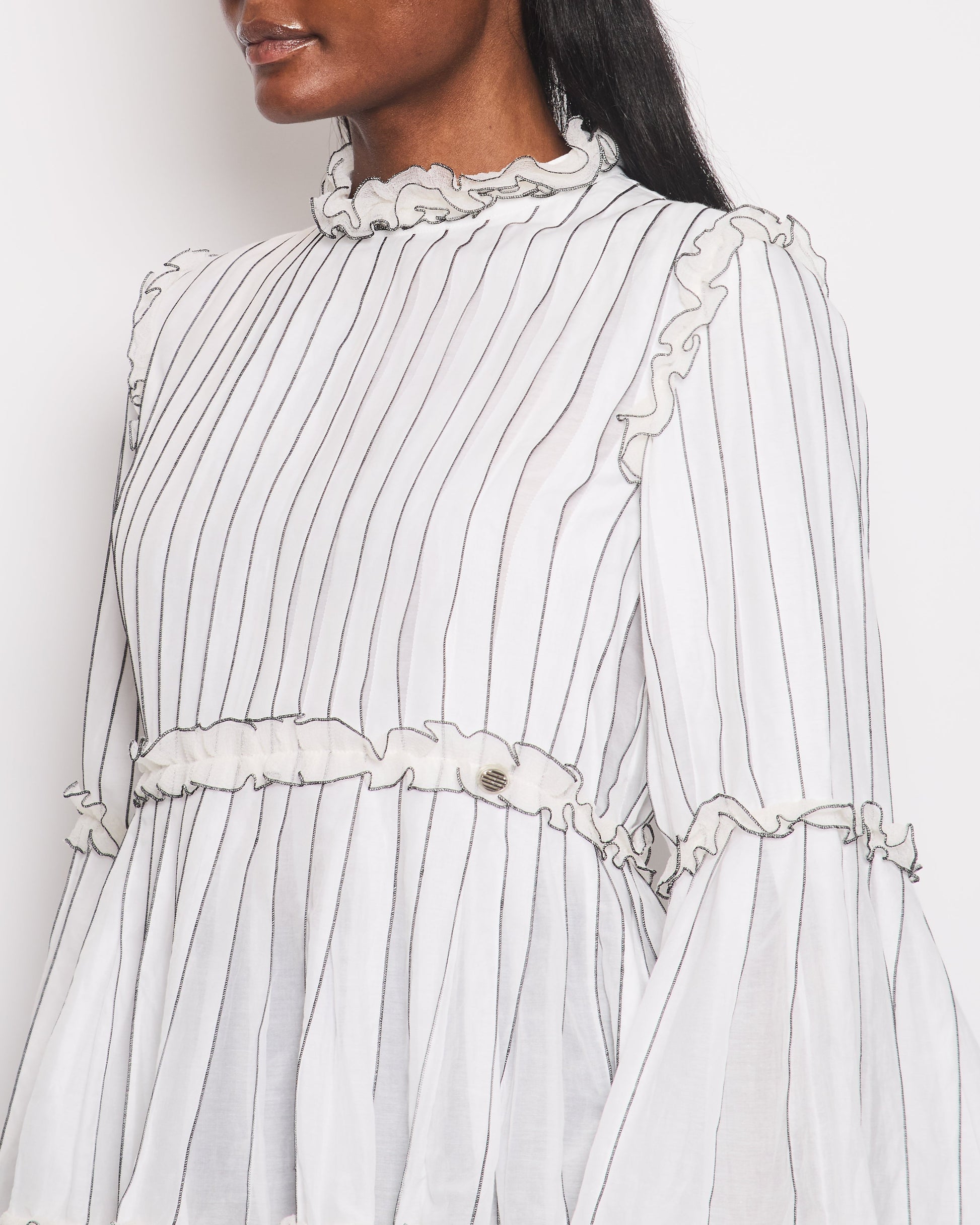 Chanel Spring White Silk Striped Ruffle Long-Sleeve Top Velcro Back Detail Size Fr 36 (Uk 8) Bag