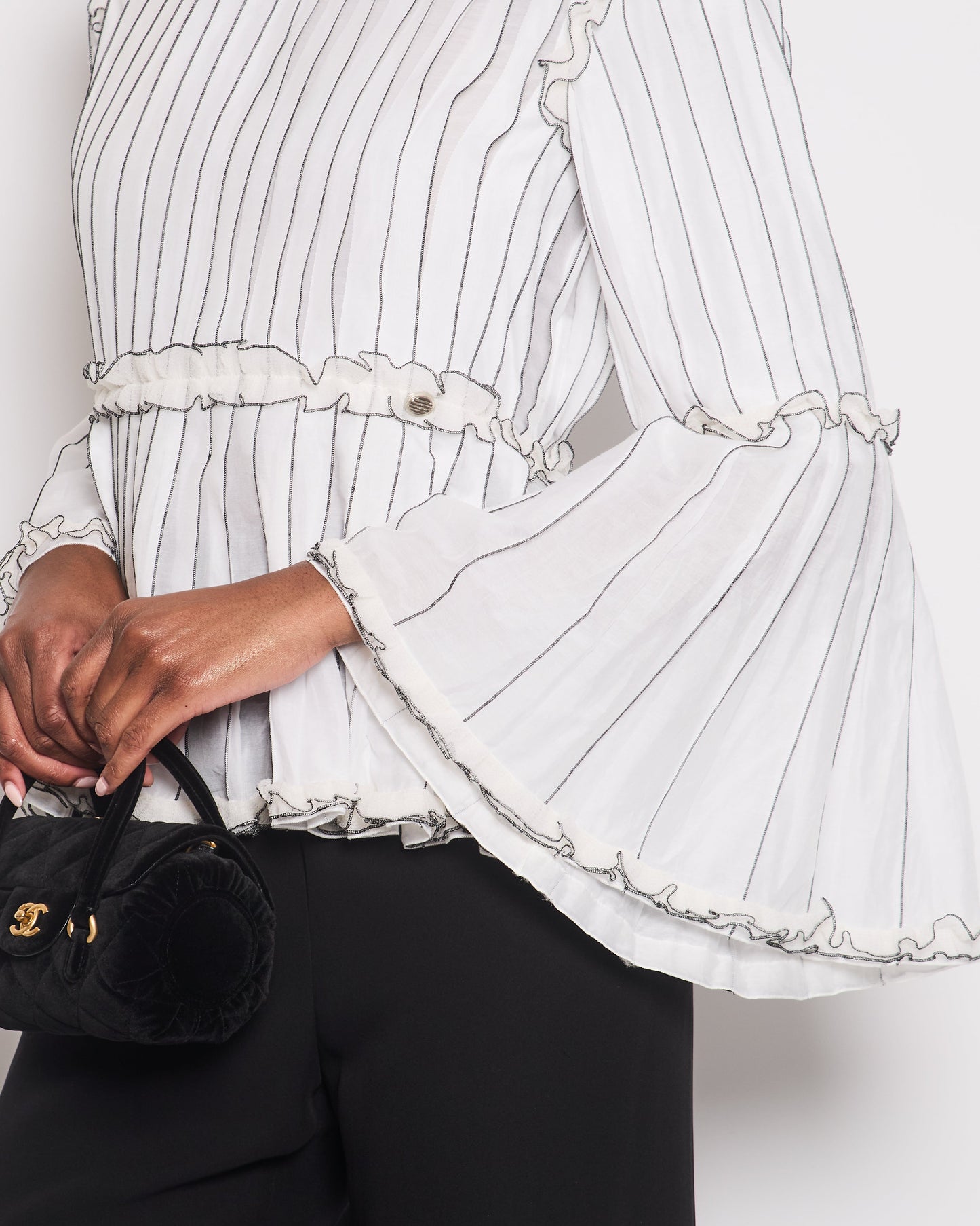 Chanel Spring White Silk Striped Ruffle Long-Sleeve Top Velcro Back Detail Size Fr 36 (Uk 8) Bag