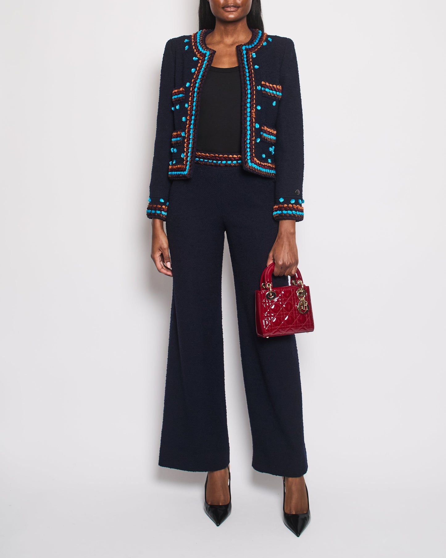 Chanel for Bergdorf Goodman AW/97 Navy Boucle Cropped Jacket with Matching Tro rs Size FR 36 (UK 8)