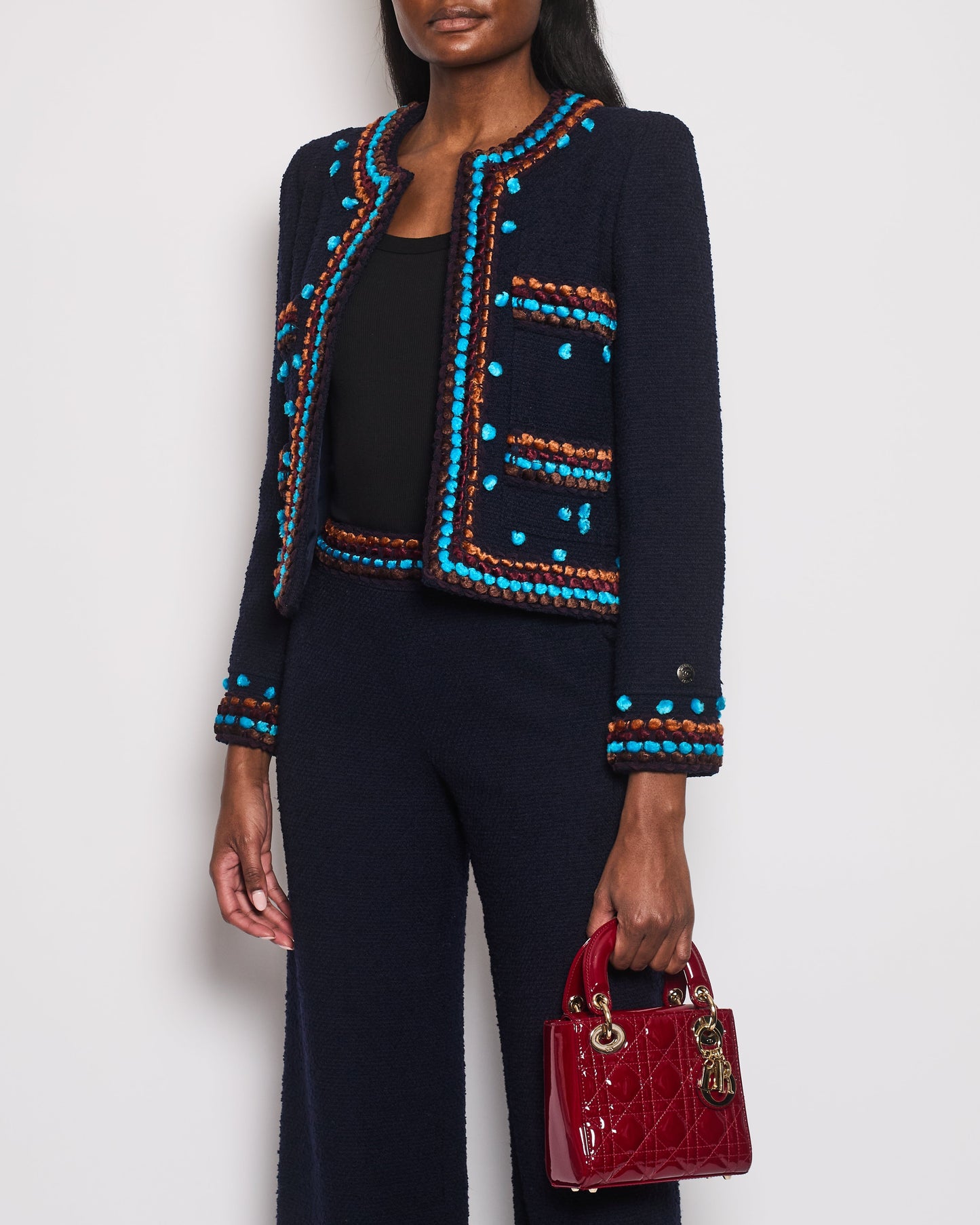 Chanel for Bergdorf Goodman AW/97 Navy Boucle Cropped Jacket with Matching Tro rs Size FR 36 (UK 8)