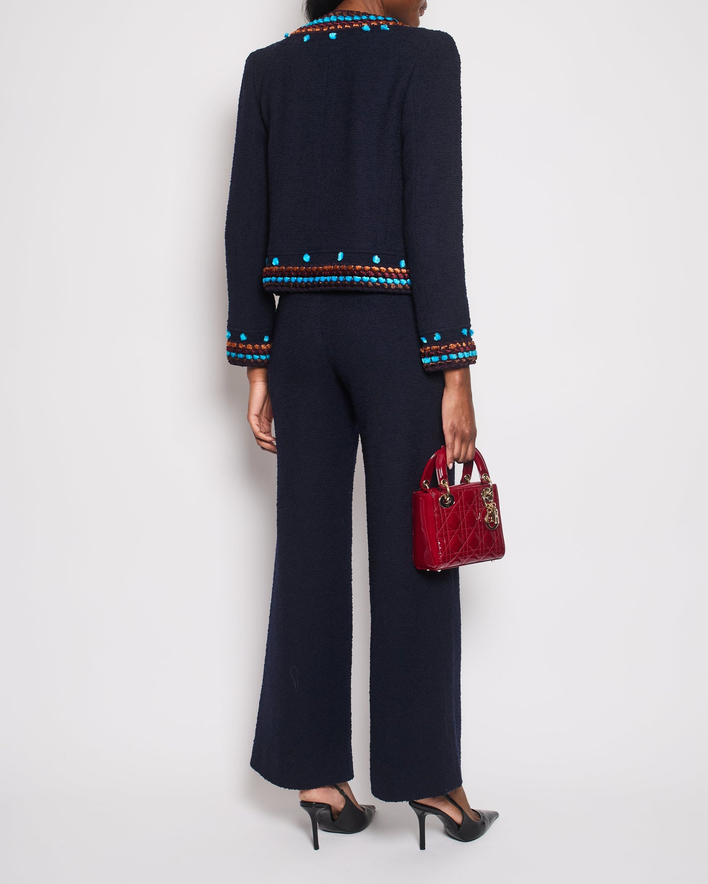 Chanel for Bergdorf Goodman AW/97 Navy Boucle Cropped Jacket with Matching Tro rs Size FR 36 (UK 8)
