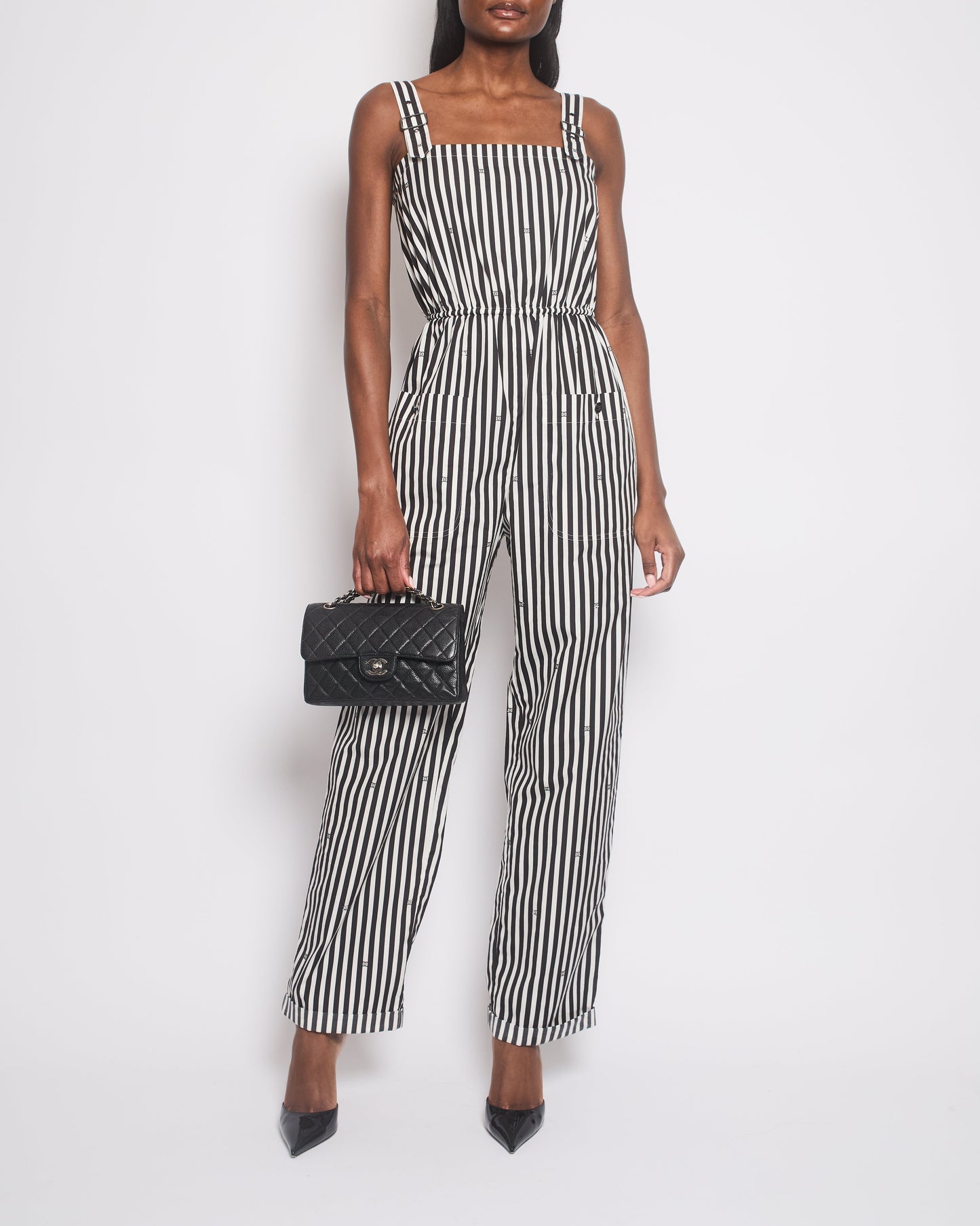 Chanel 24M White And Black Striped Jumpsuit With Crystal Cc Logos And Adjustable Straps Size (Uk 8) Bag