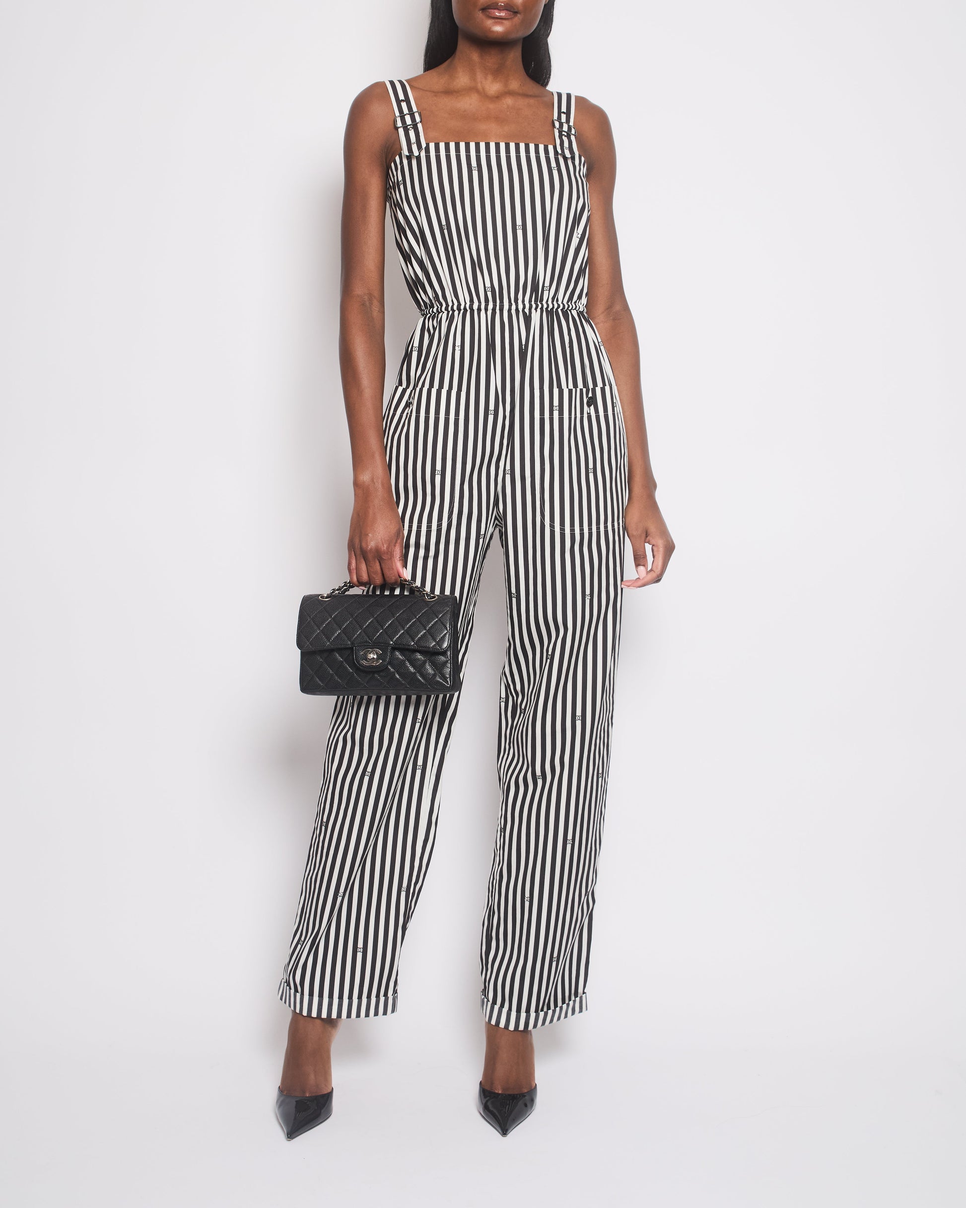 Chanel 24M White And Black Striped Jumpsuit With Crystal Cc Logos And Adjustable Straps Size (Uk 8) Bag