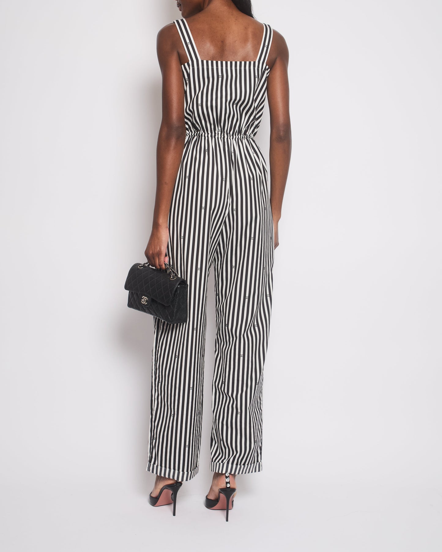 Chanel 24M White And Black Striped Jumpsuit With Crystal Cc Logos And Adjustable Straps Size (Uk 8) Bag