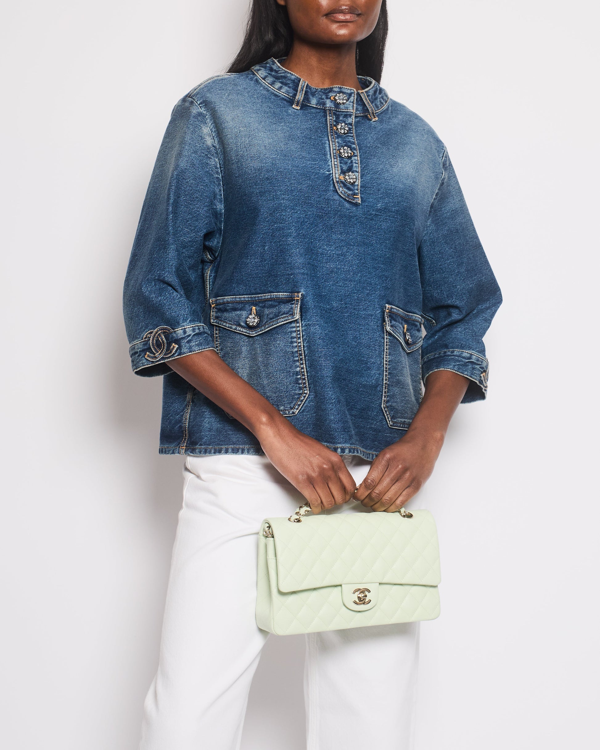 *hot* 24S Chanel Denim Top With CC Logo Embroideries And Crystal Buttons Details Size Fr 44 (uk 16)