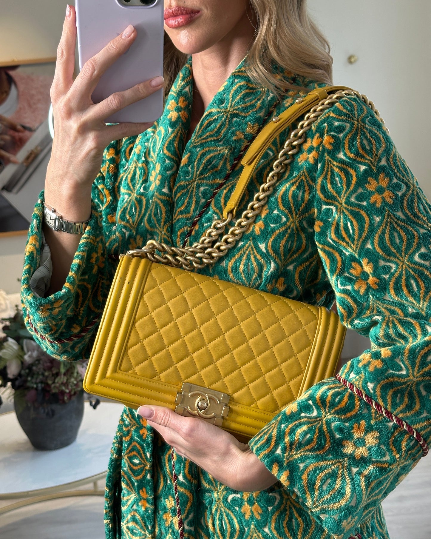 Chanel Mustard Yellow Medium Boy Bag In Calfskin Leather With Antique Gold Hardware