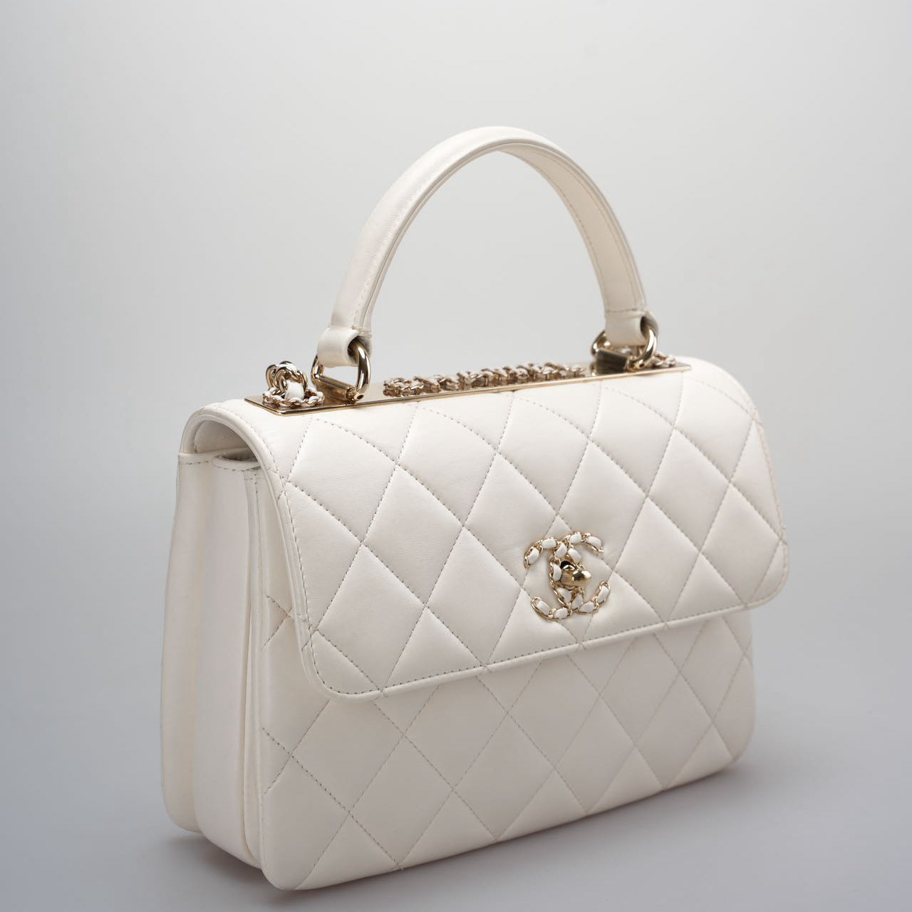 Chanel White Trendy CC Bag In Lambskin Leather With Top Handle In Small Size