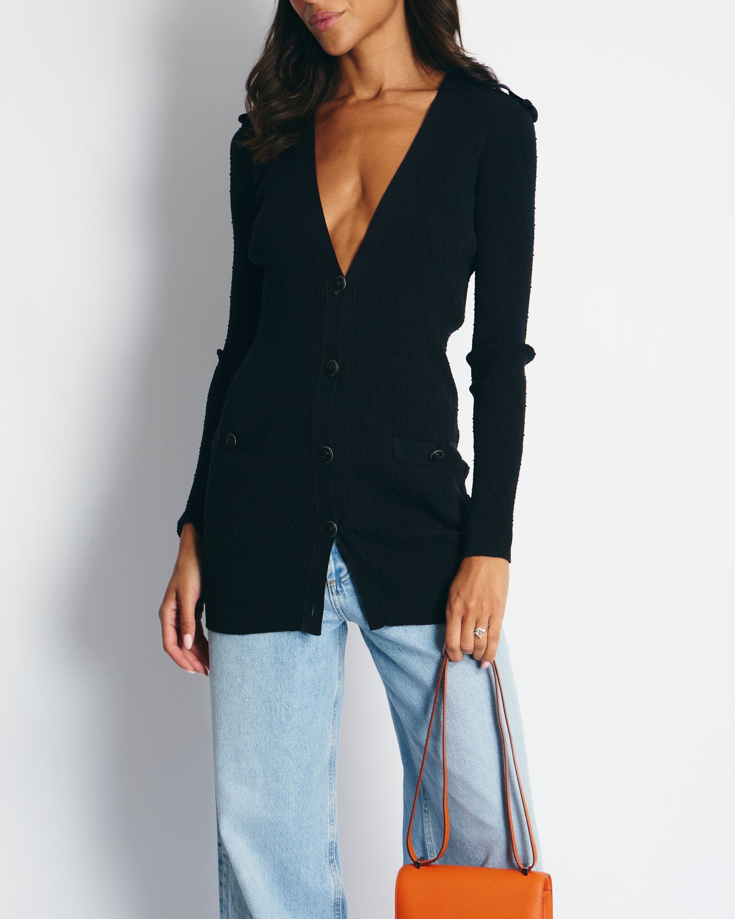 Chanel 16P Black Ribbed Cardigan With Shoulder Button Detail Fr 34 (Uk 6) Rrp £2,450