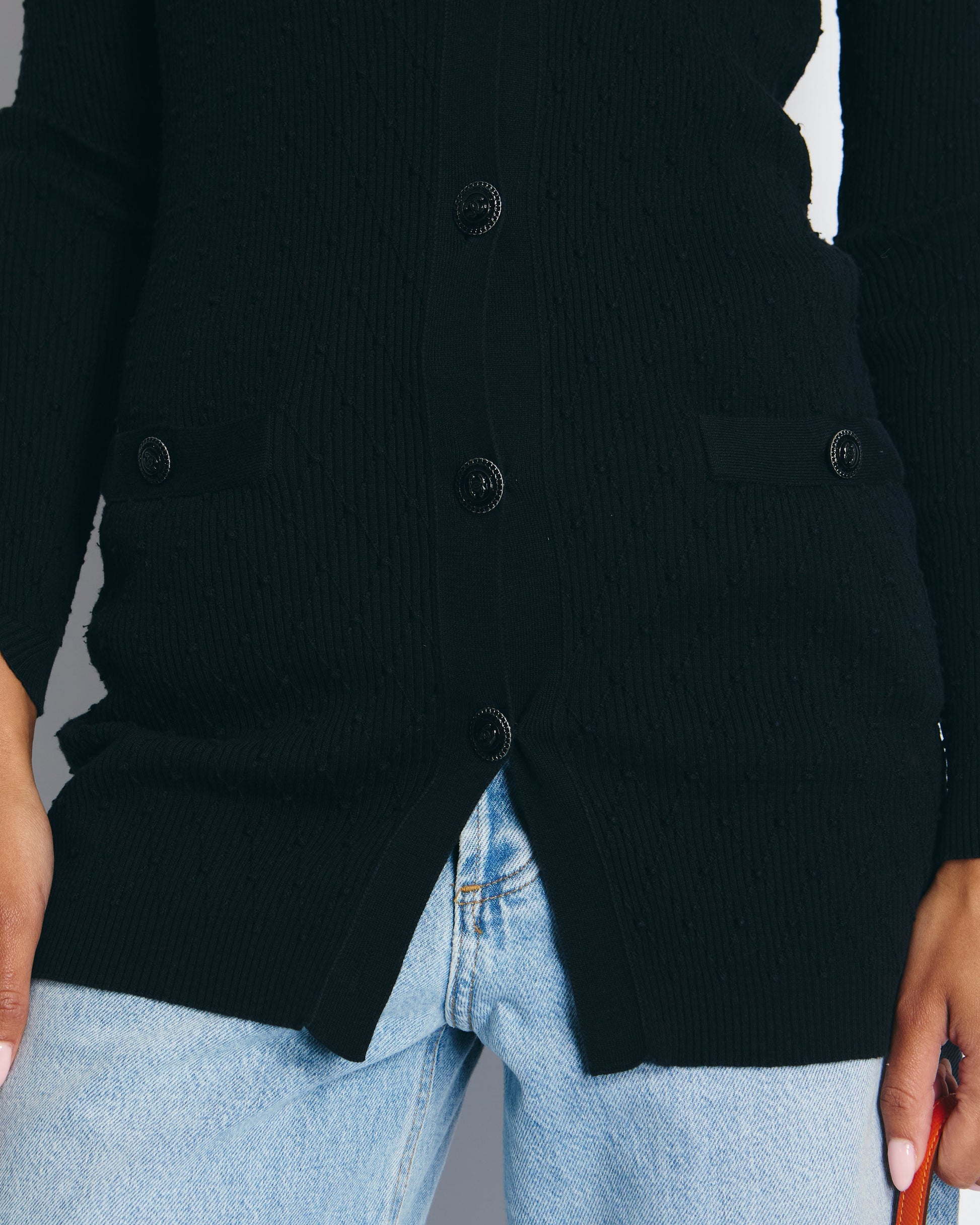 Chanel 16P Black Ribbed Cardigan With Shoulder Button Detail Fr 34 (Uk 6) Rrp £2,450