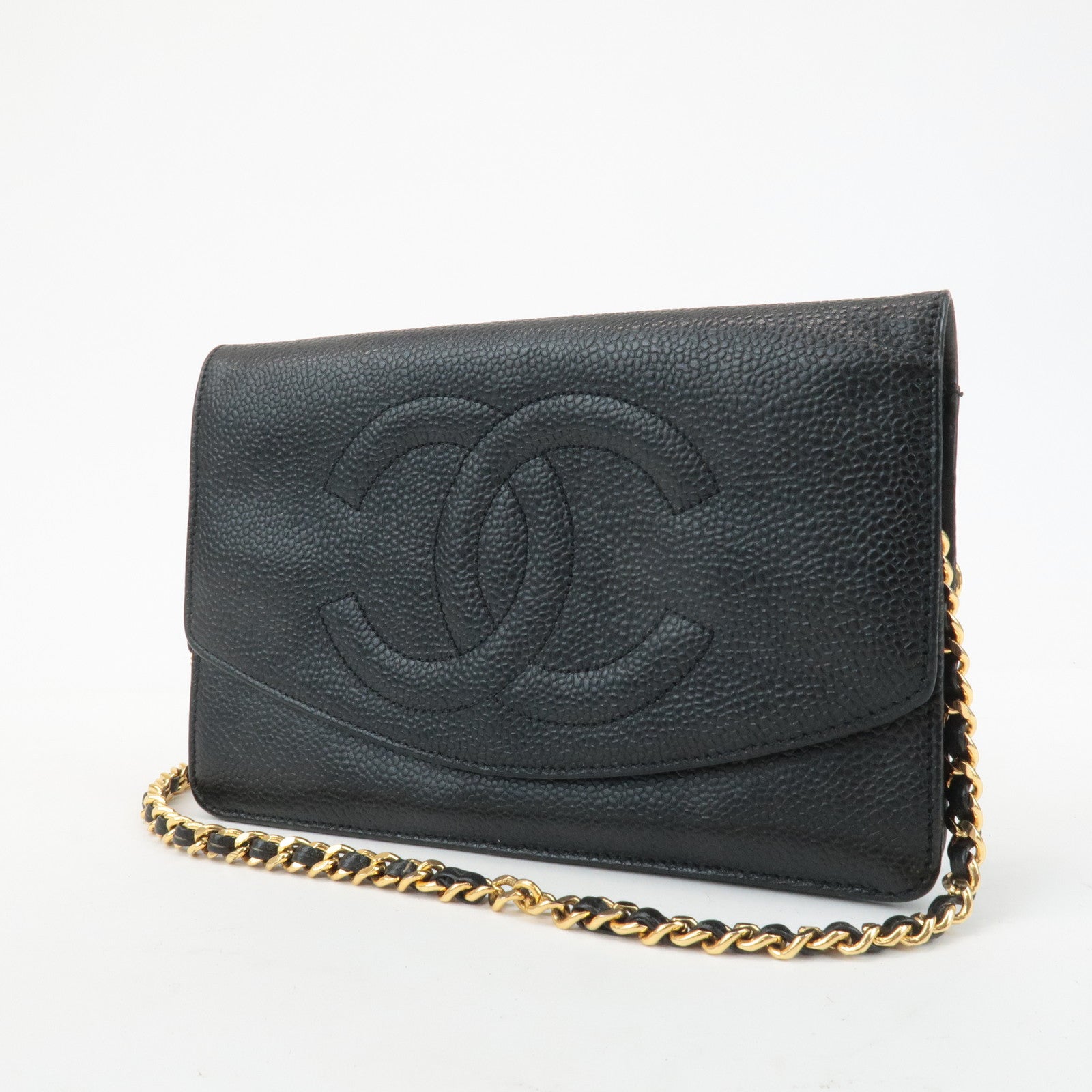 CHANEL COCO Mark Caviar Skin Chain Wallet WOC Black A13509