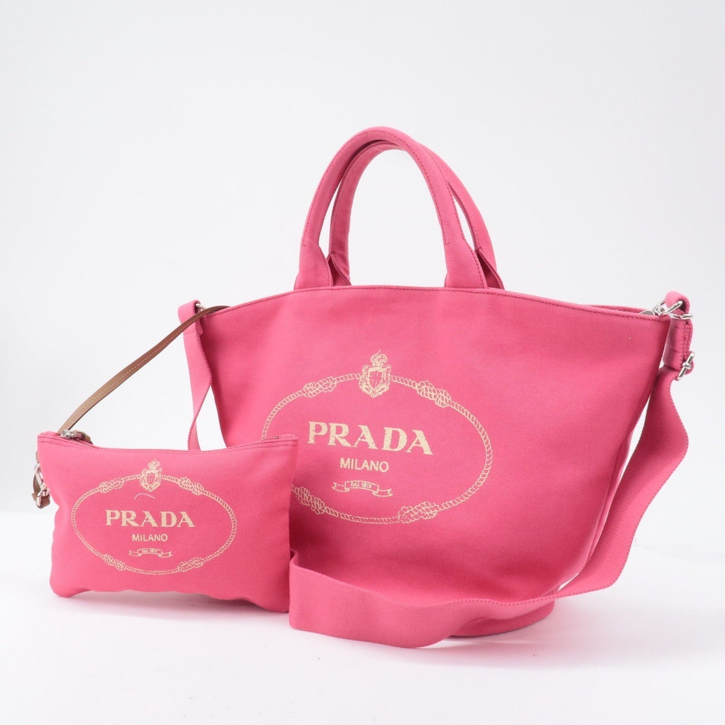 Prada Canapa Fabric 2Way Bag Leather Canvas Pink Travel Bag