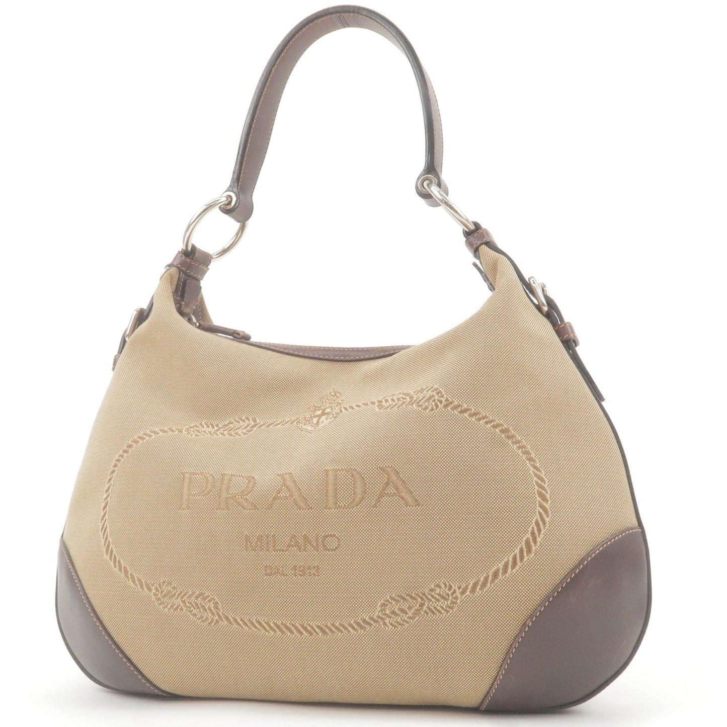 Prada Prada Logo Jacquard Leather Shoulder Bag Beige Brown Brown 36505 6