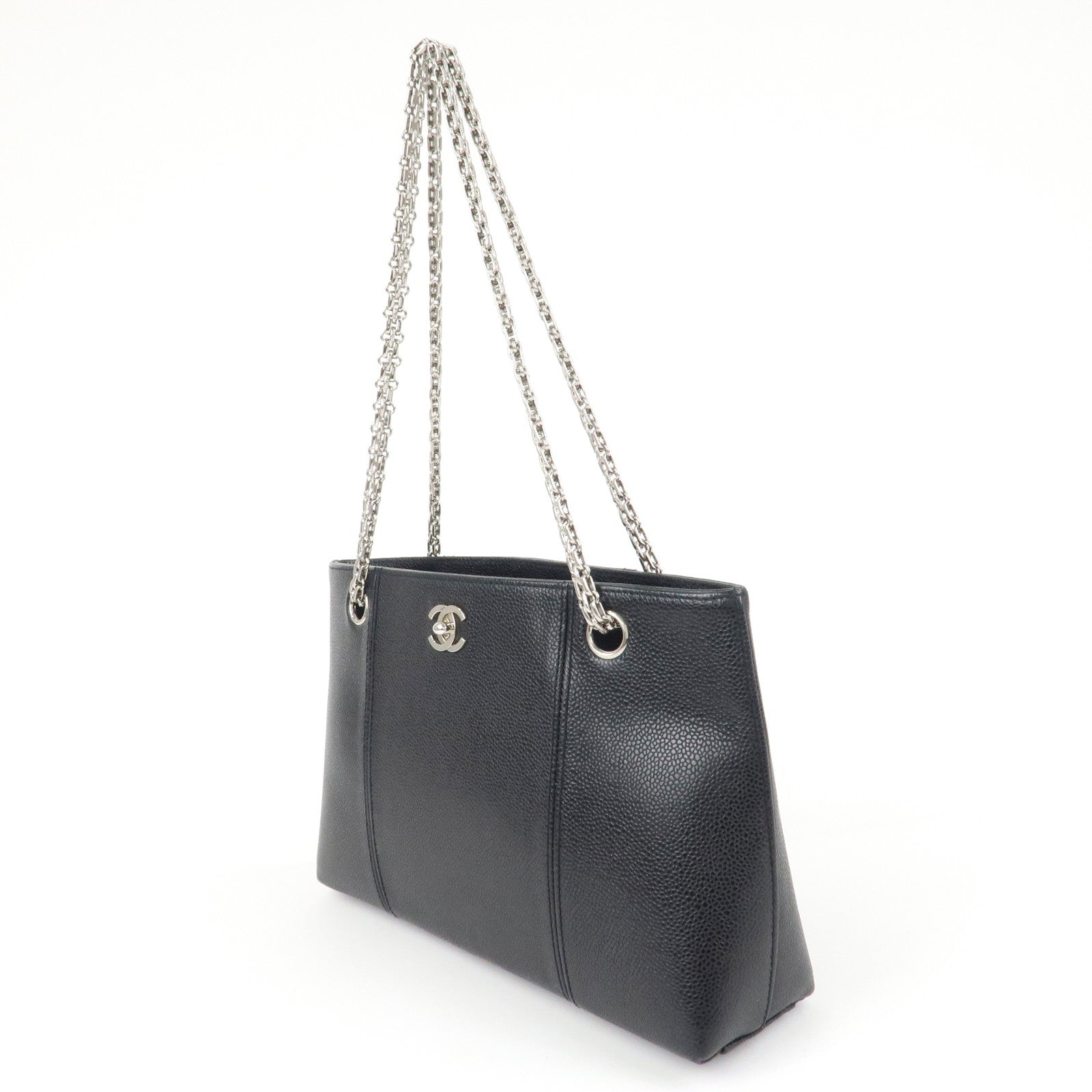 CHANEL Caviar Skin Chain Tote Bag Black Silver Hardware