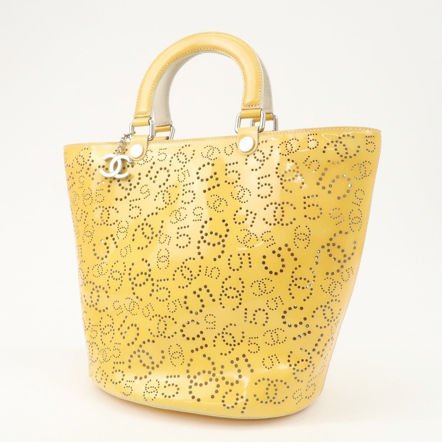 CHANEL COCO Mark No.5 Patent Leather Punching Hand Bag Yellow