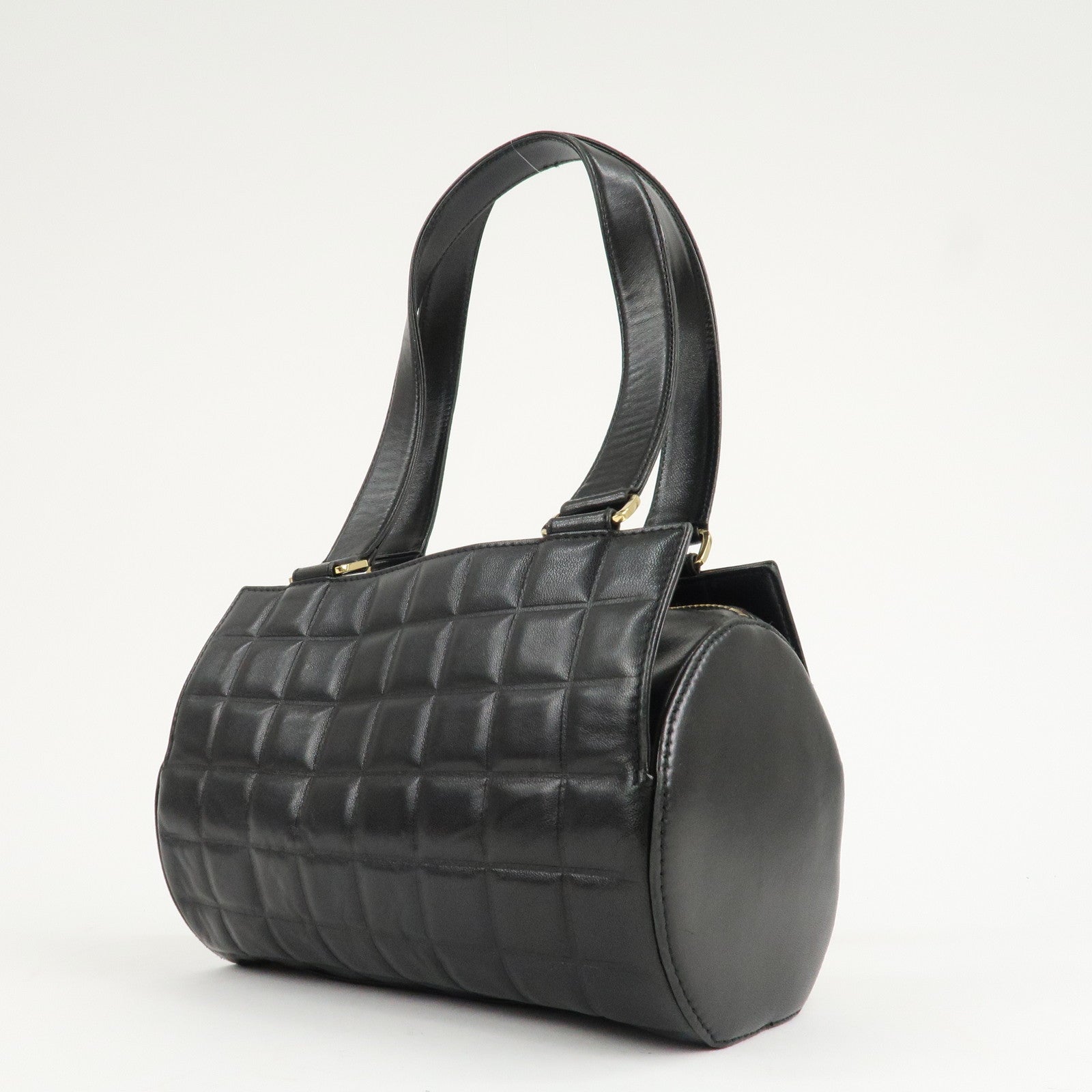 CHANEL Chocolate Bar Lamb Skin Mini Boston Bag Hand Bag Black