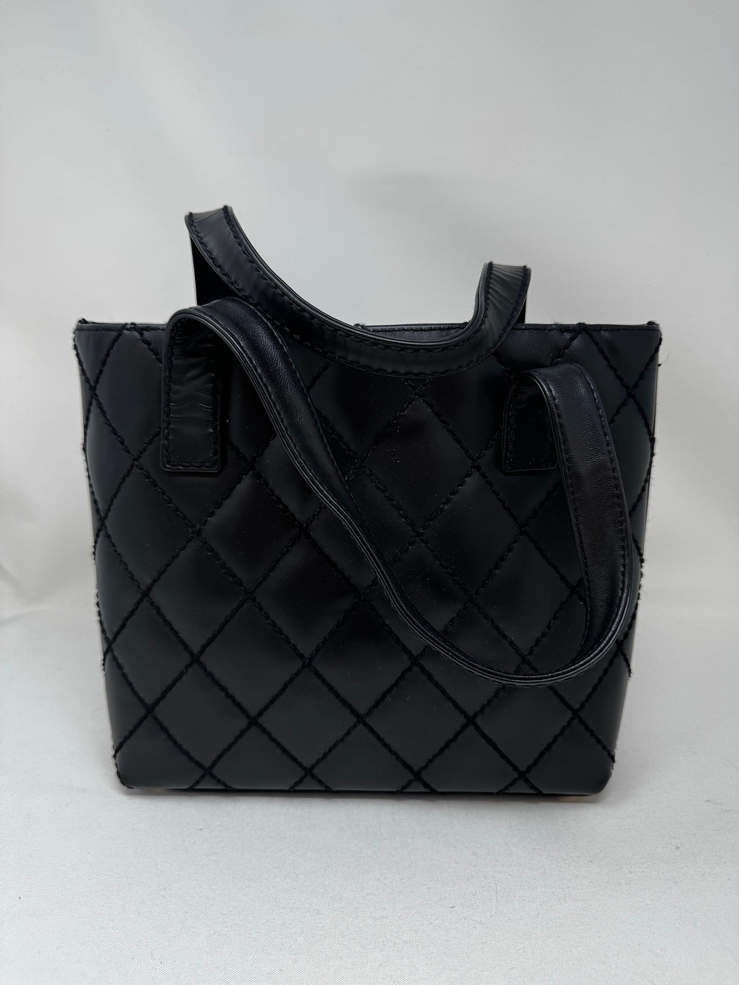 CHANEL Calfskin Quilted Small Surpique Stitch Tote Black B-