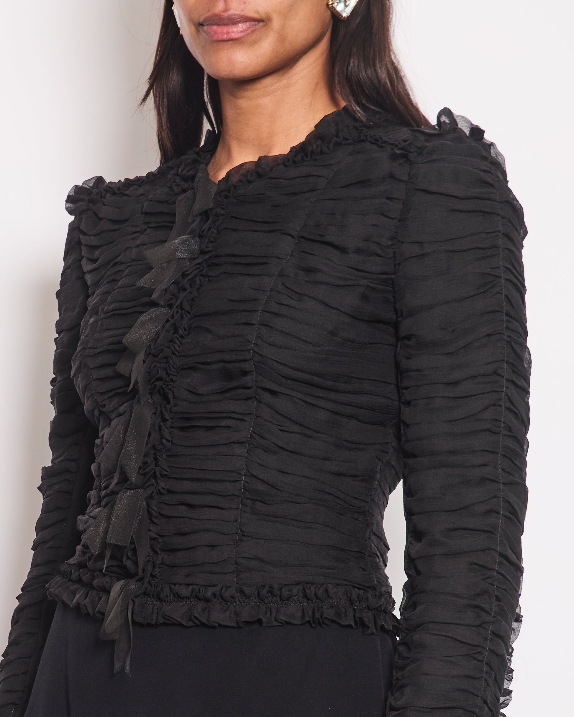Chanel 06A Black Ruched Long Sleeve Silk Blo With Bows Detail Fr 38 (Uk 10) Bag