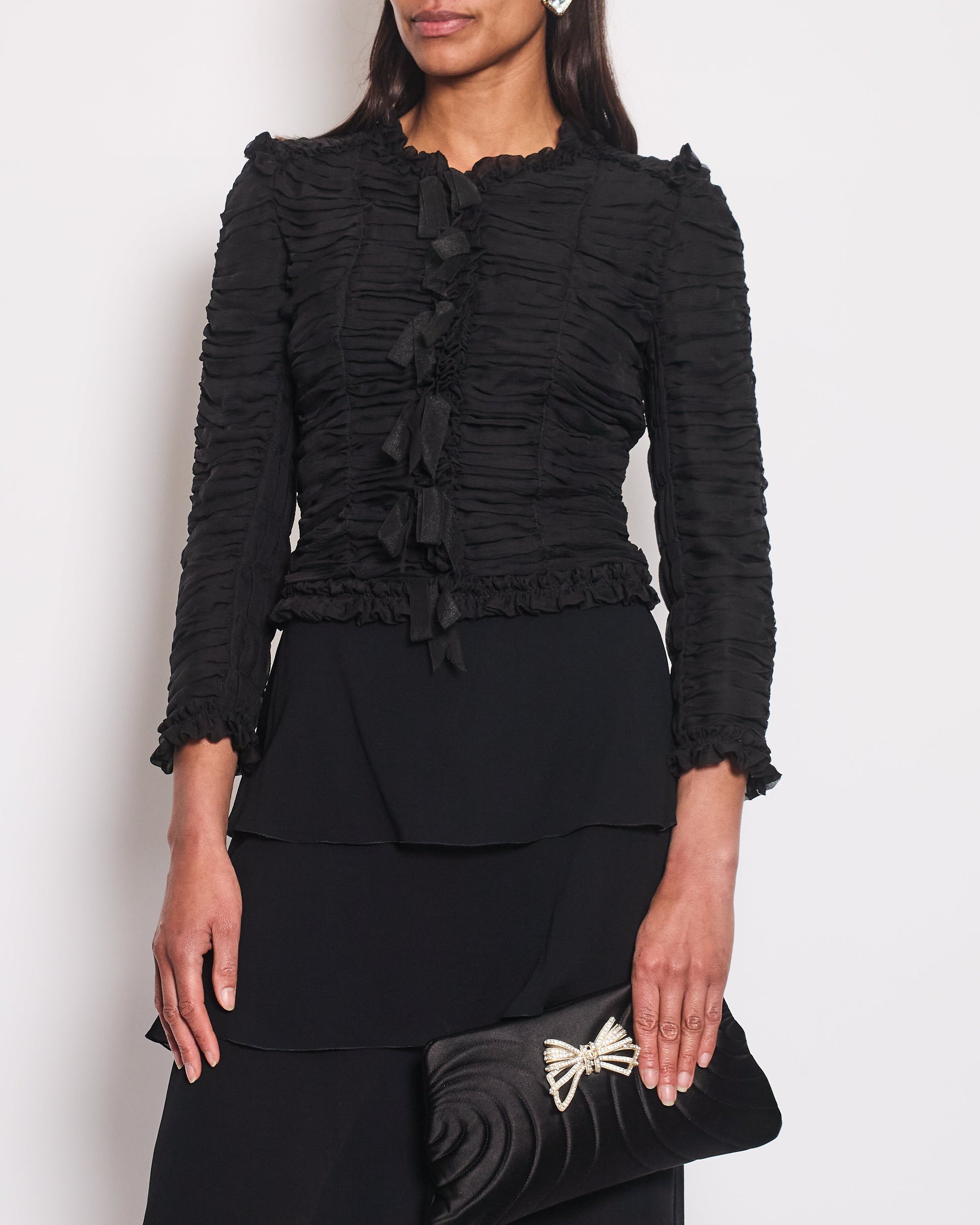 Chanel 06A Black Ruched Long Sleeve Silk Blo With Bows Detail Fr 38 (Uk 10) Bag