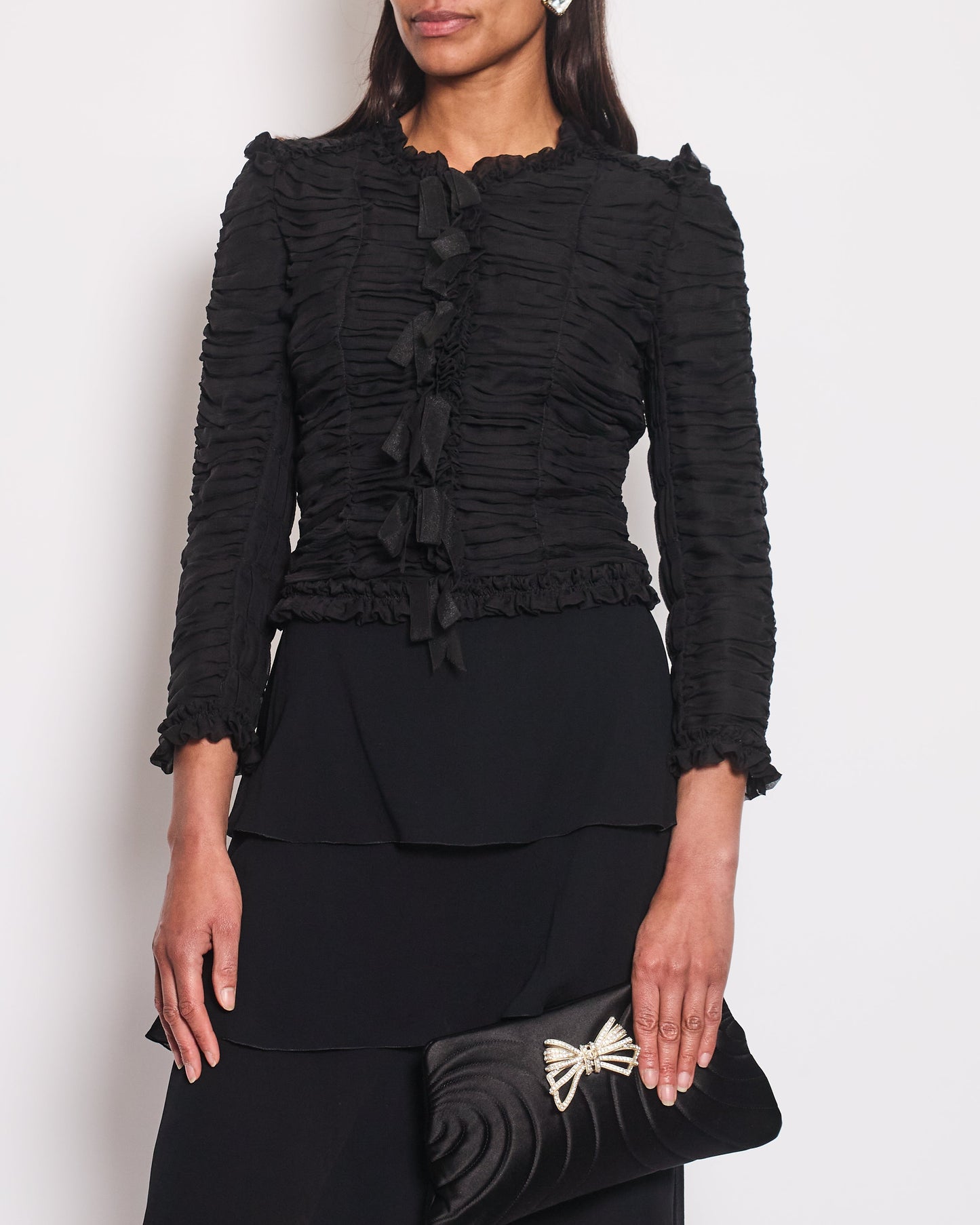 Chanel 06A Black Ruched Long Sleeve Silk Blo  with Bows Detail FR 38 (UK 10)