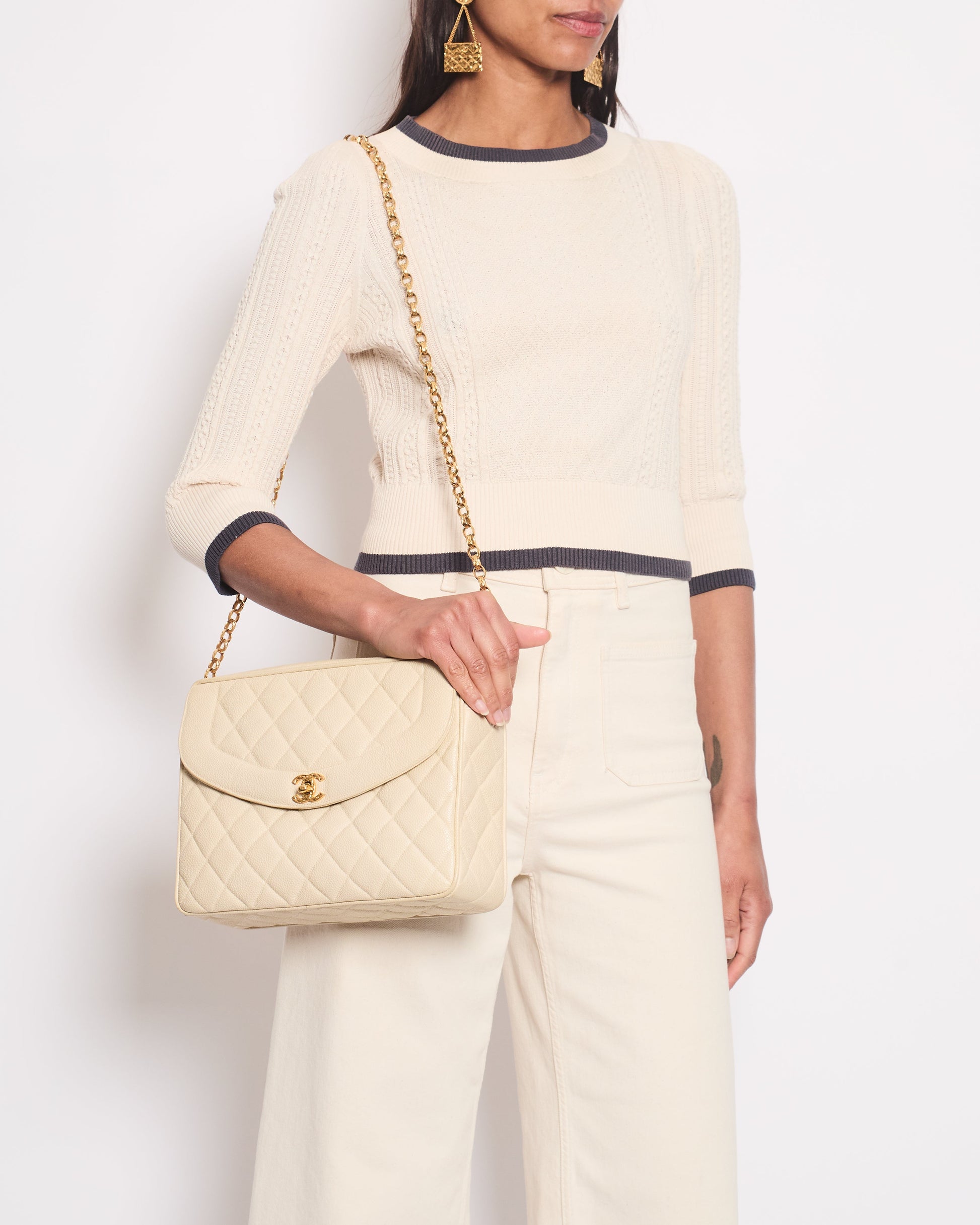 Chanel Cream Knitted Long Sleeve Cardigan With Dark Grey Trim And Gold Buttons Details Size Fr 38 (Uk 10) Bag