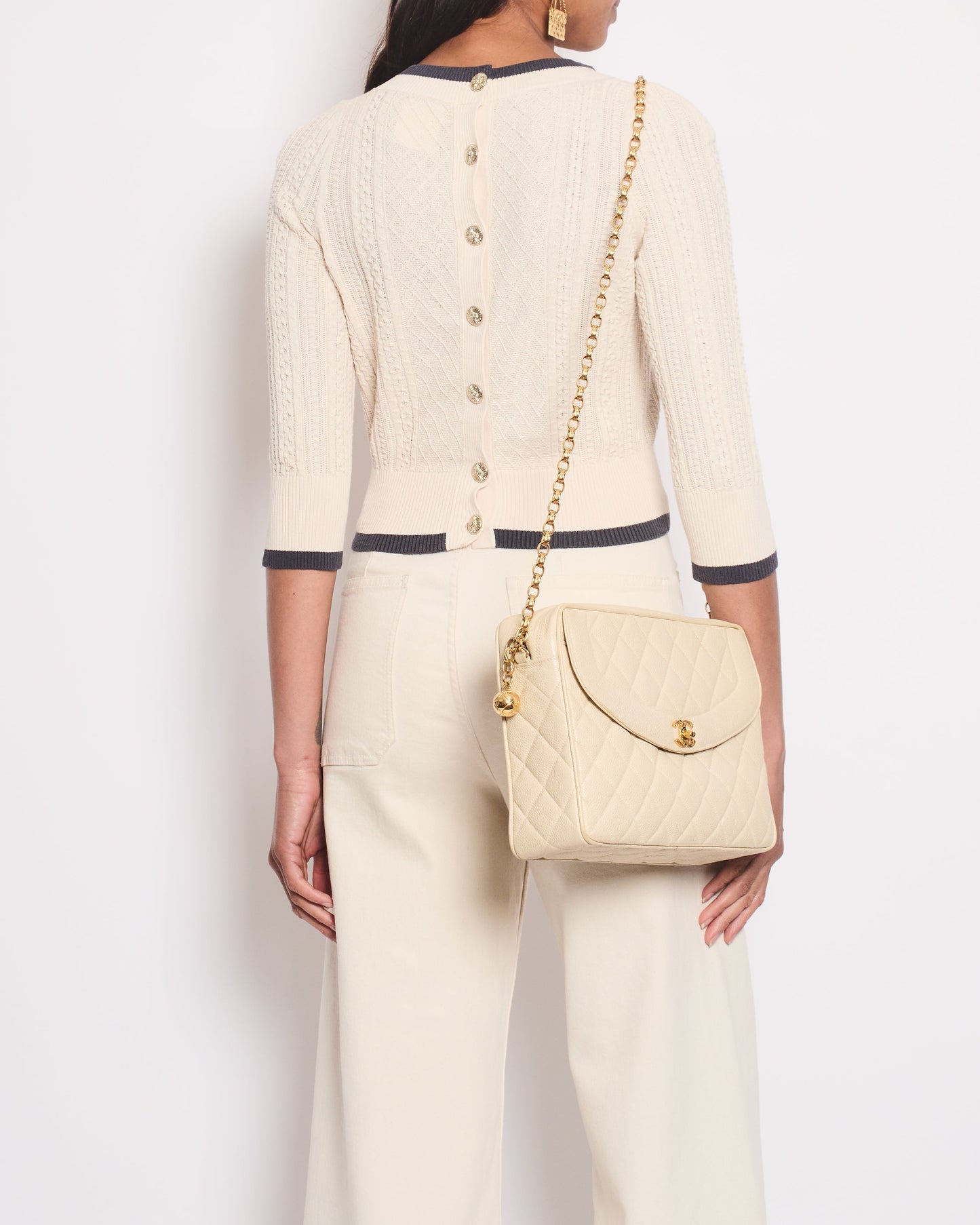 Chanel Cream Knitted Long Sleeve Cardigan With Dark Grey Trim And Gold Buttons Details Size Fr 38 (Uk 10) Bag