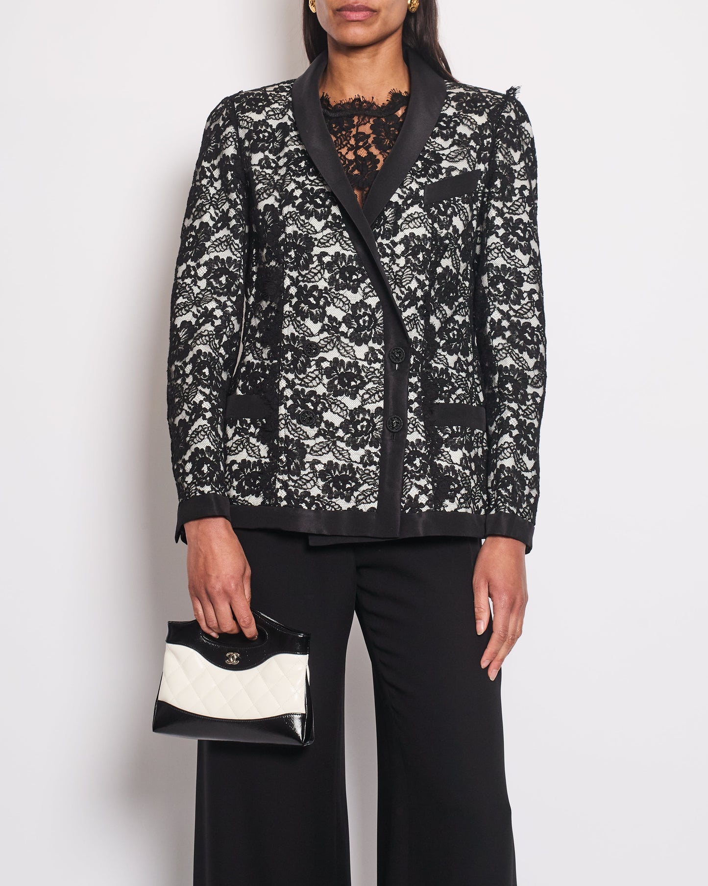 Chanel Black Double Breasted Lace Blazer With Matching Short Sleeve Vest Size Fr 42 (Uk 14) Bag