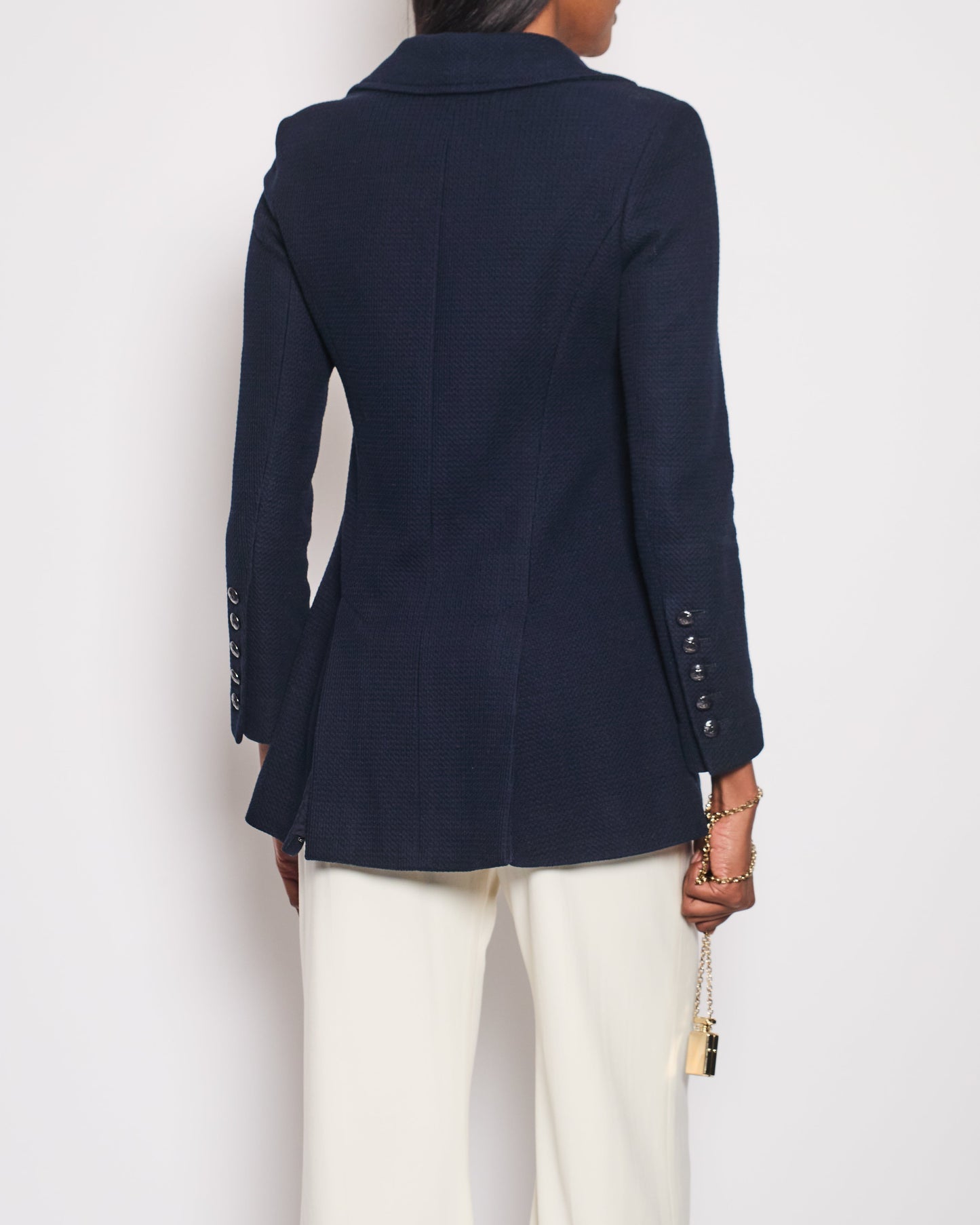 Chanel Spring 2014 Navy Tweed Long-Sleeve Double Collared Jacket with CC Buttons Size FR 34 (UK 6)