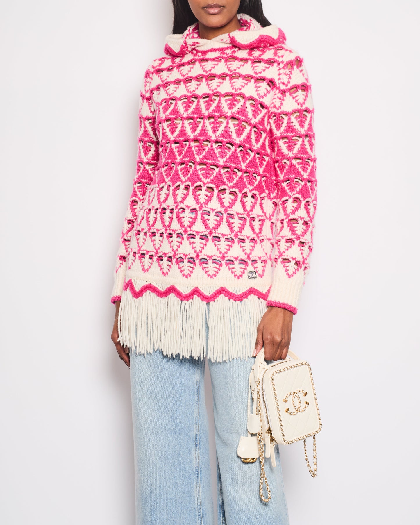 Chanel *Hot* Pink & Cream Knitted Hooded Jumper With Fringes Detail Size Fr 36 (Uk 8) Bag