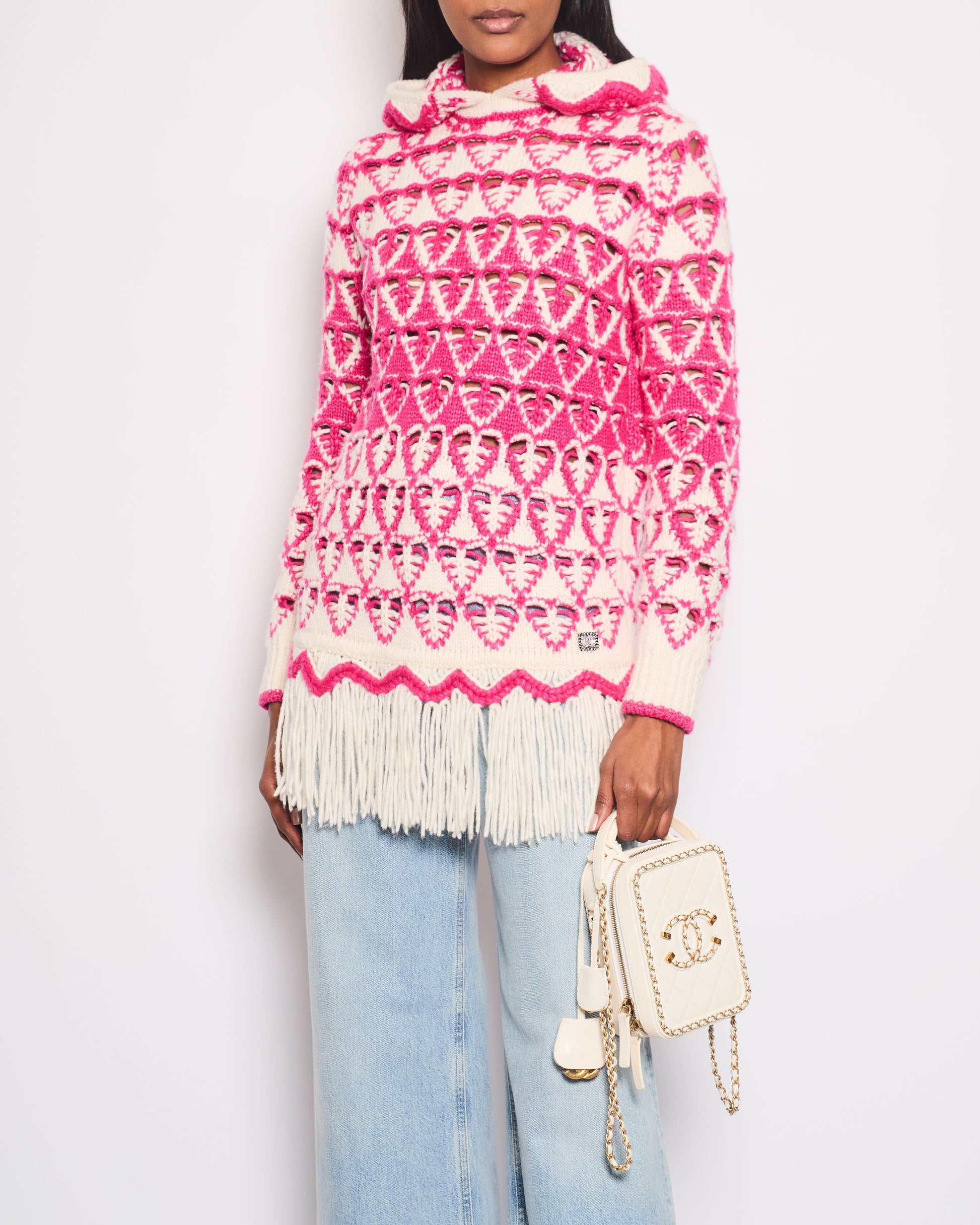 Chanel *Hot* Pink & Cream Knitted Hooded Jumper With Fringes Detail Size Fr 36 (Uk 8) Bag
