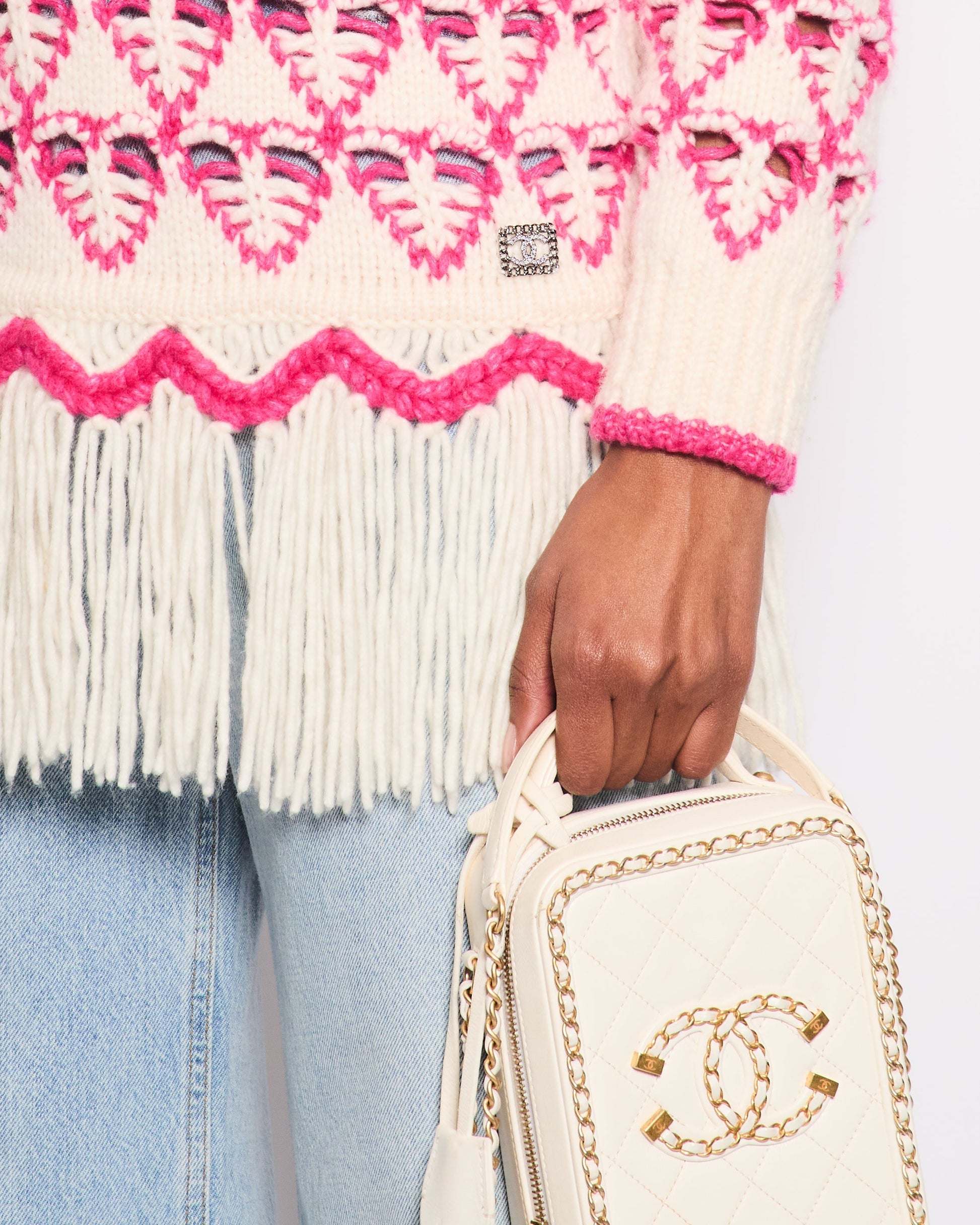 Chanel *Hot* Pink & Cream Knitted Hooded Jumper With Fringes Detail Size Fr 36 (Uk 8) Bag