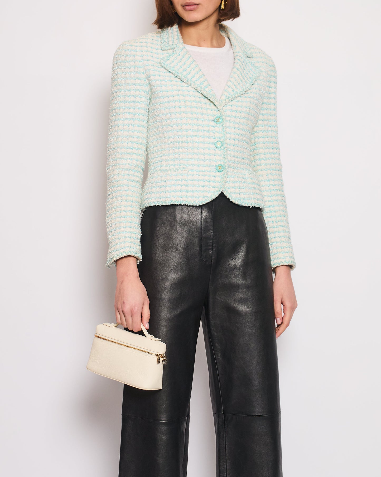 Chanel   97P Light Blue & White Stripe Tweed Short Blazer with Blue & Gold CC Button Detail Size FR 38 (UK 10)