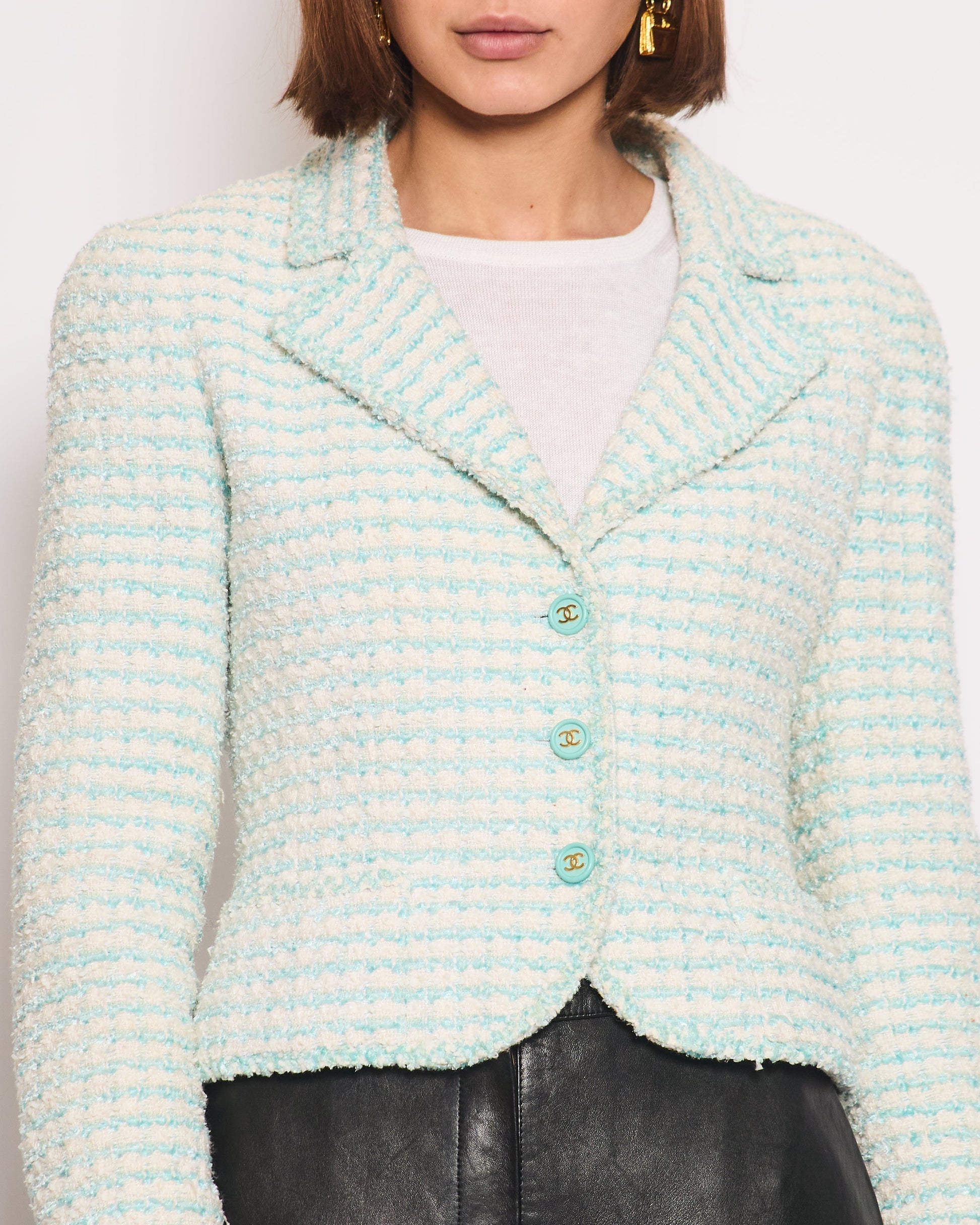 Chanel   97P Light Blue & White Stripe Tweed Short Blazer with Blue & Gold CC Button Detail Size FR 38 (UK 10)