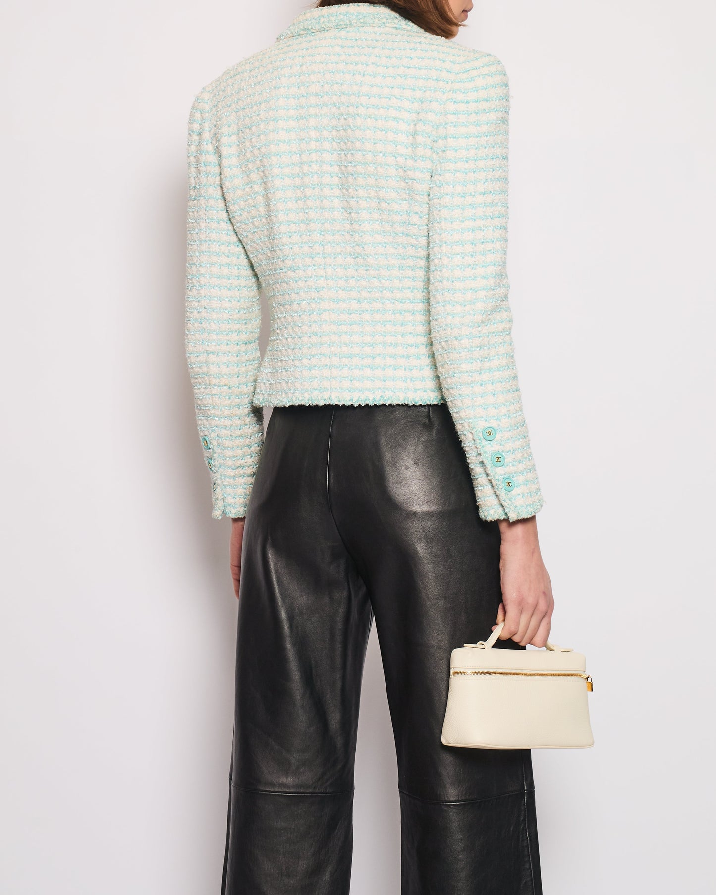 Chanel   97P Light Blue & White Stripe Tweed Short Blazer with Blue & Gold CC Button Detail Size FR 38 (UK 10)