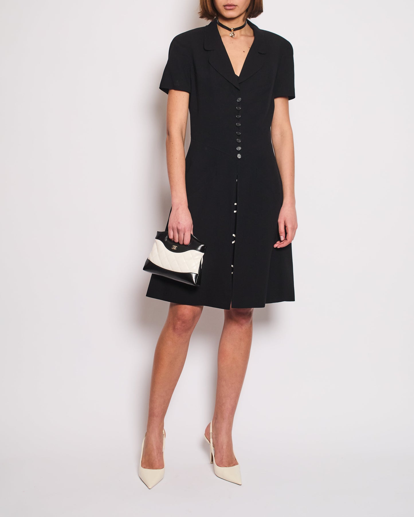 Chanel   Runway 97/S Black, White CC Logo Slip Dress and Jacket Set with CC Chanel Button Size FR 42 (UK 14)