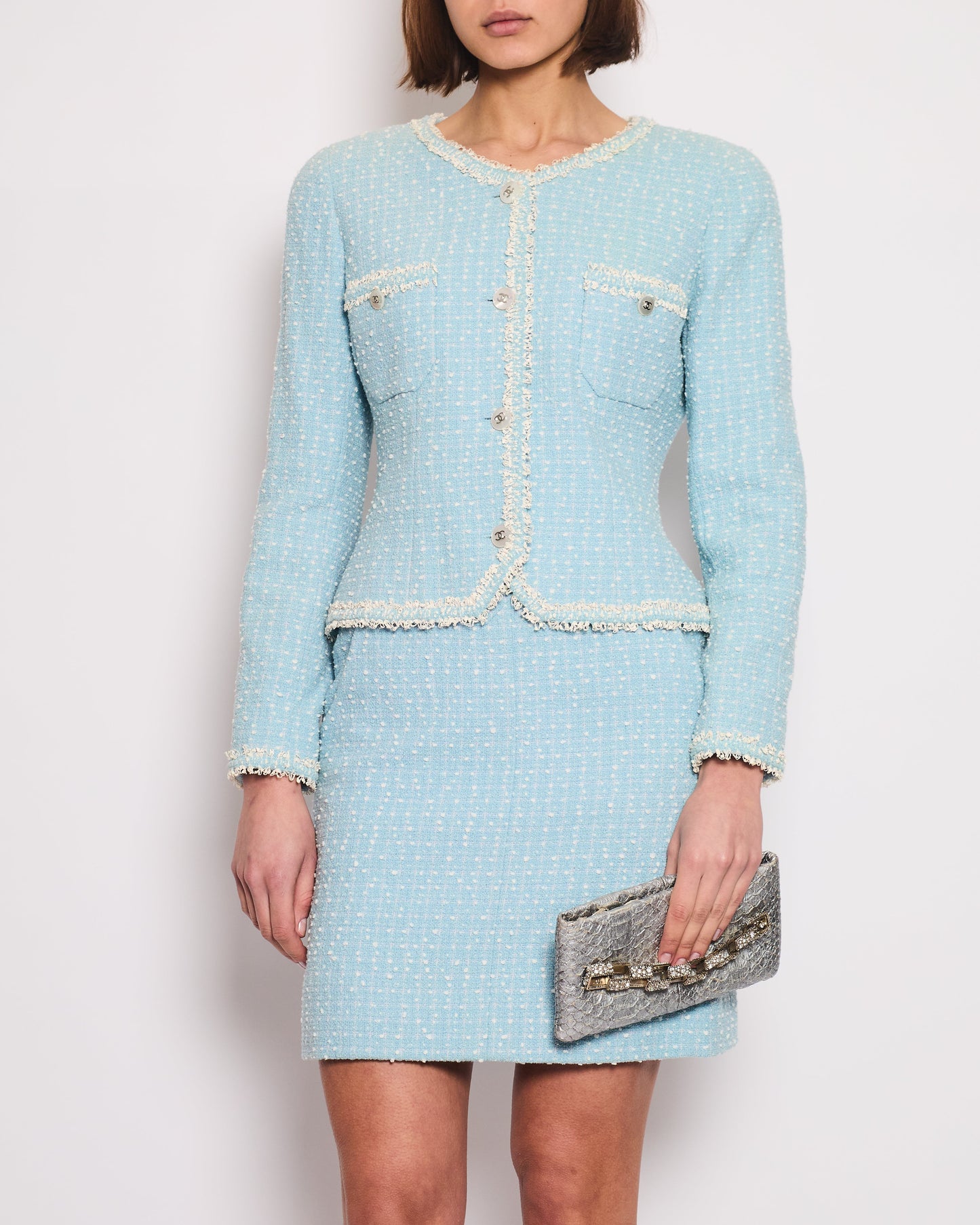 Chanel 97P Baby Blue & White Tweed Blazer and Mini Skirt Set with White Pearl CC Button Detail Size FR 40 (UK 12)