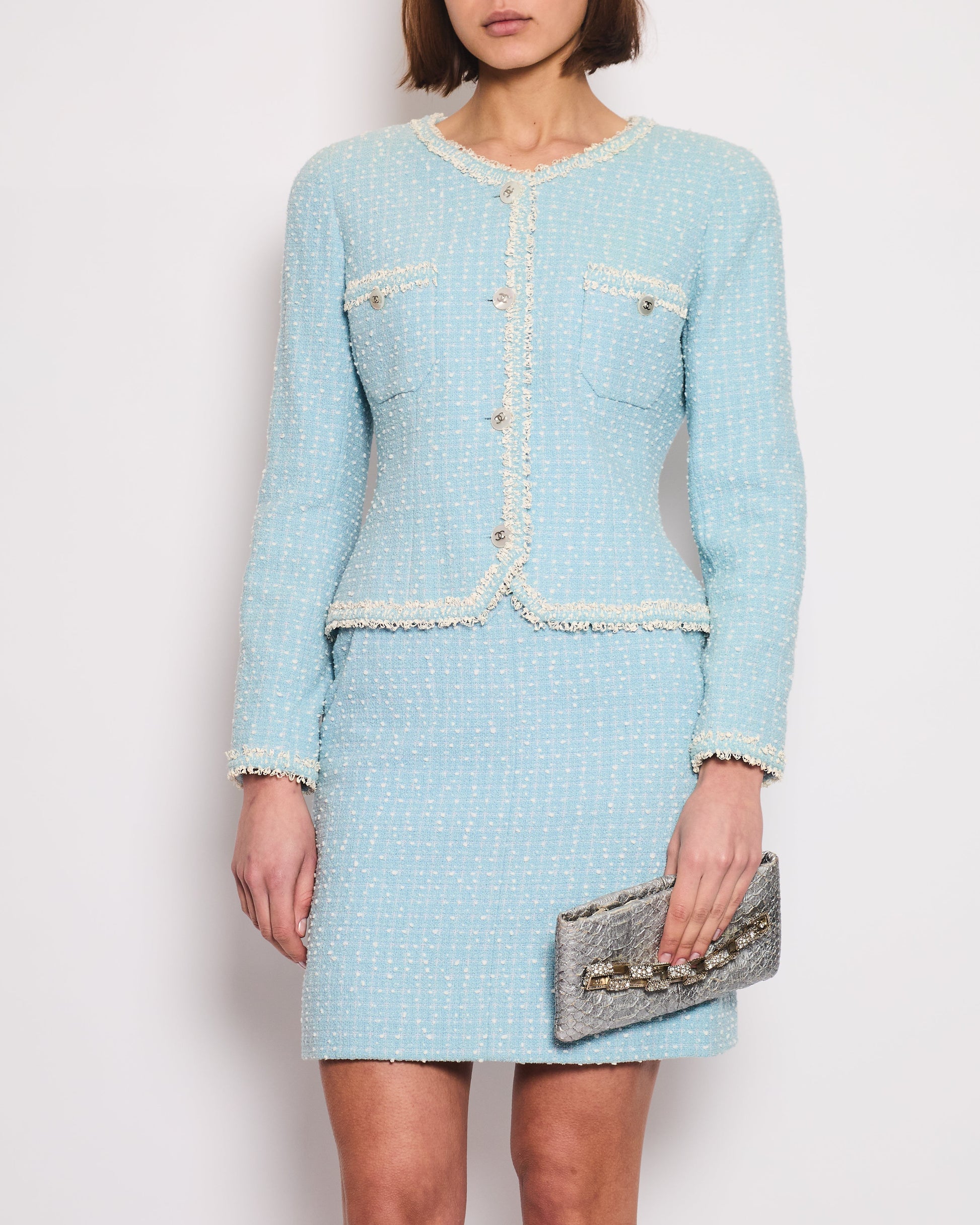 Chanel 97P Baby Blue & White Tweed Blazer and Mini Skirt Set with White Pearl CC Button Detail Size FR 40 (UK 12)