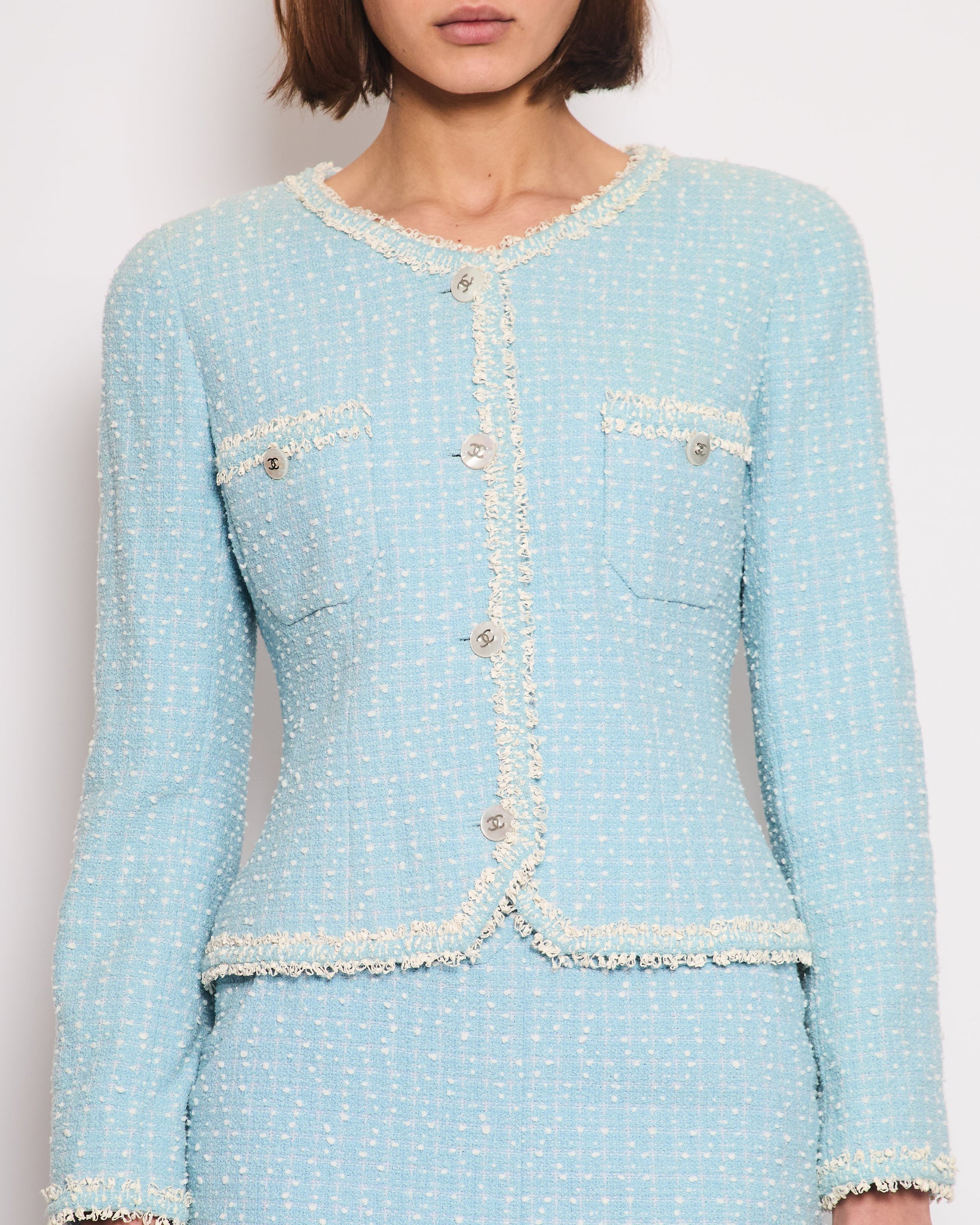 Chanel 97P Baby Blue & White Tweed Blazer and Mini Skirt Set with White Pearl CC Button Detail Size FR 40 (UK 12)