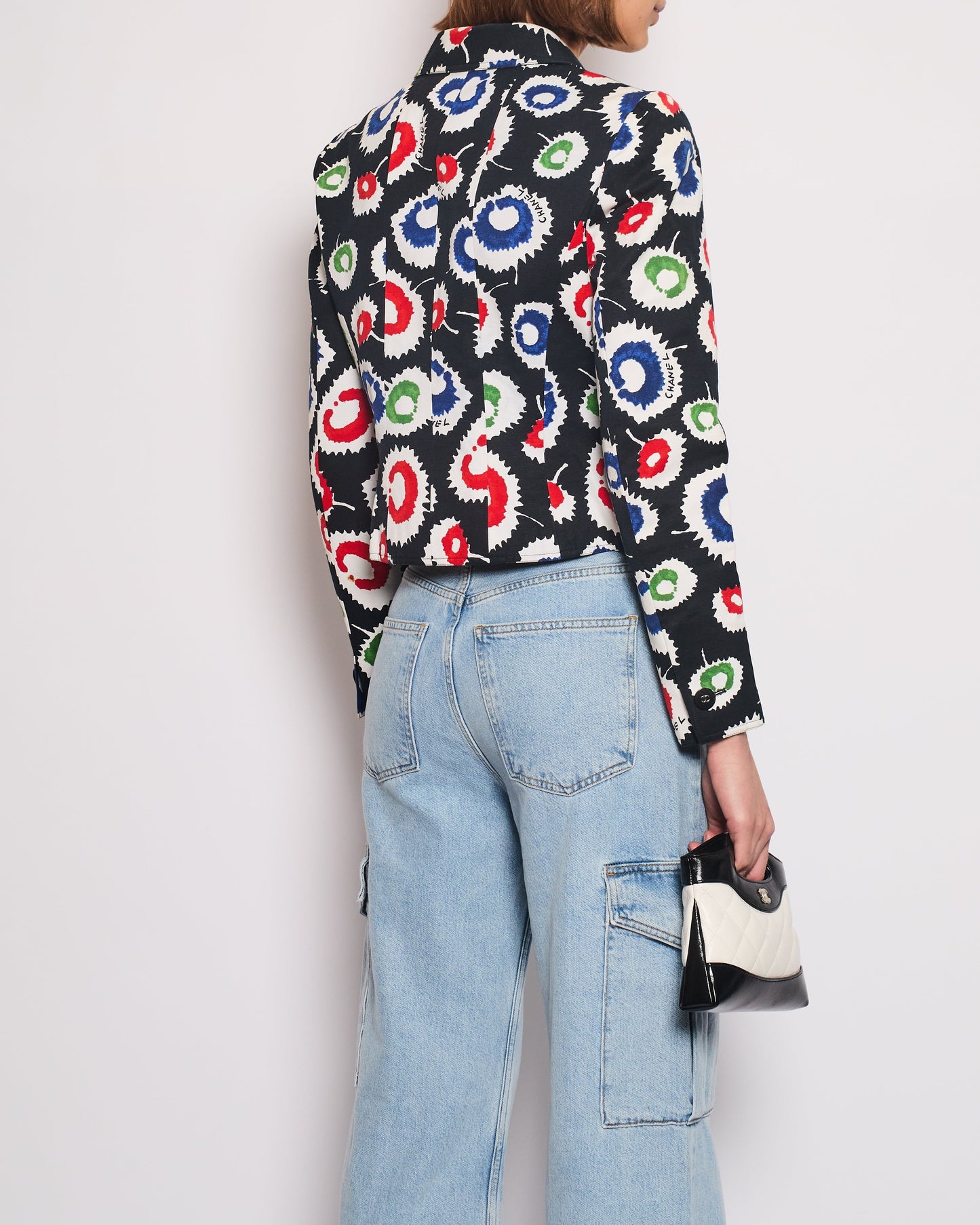 Chanel 97S Black Cropped Cotton Twill Jacket With Multi-Colour Abstract Print Detail FR 42 (UK 14)