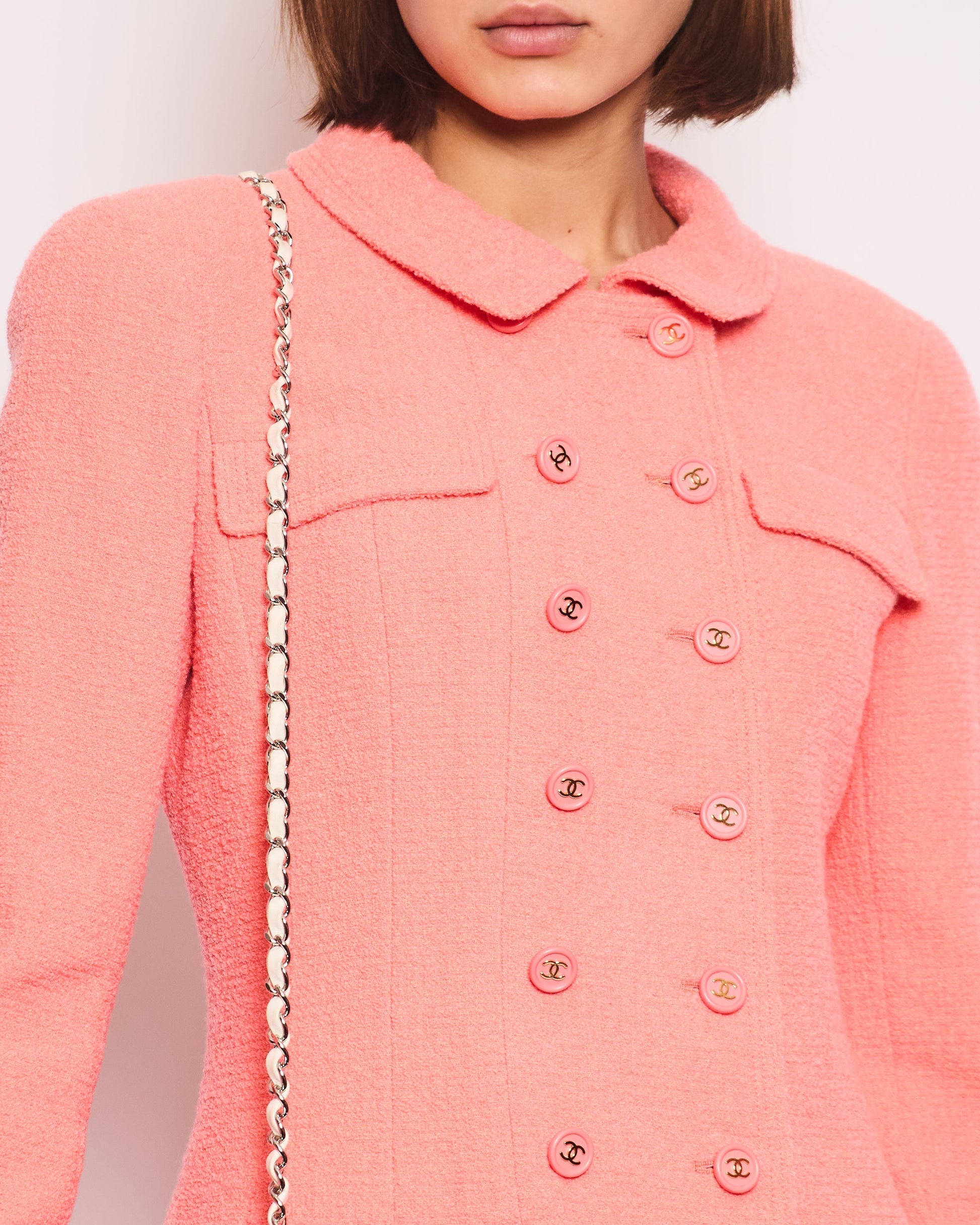 Chanel   97P Coral Pink Double Breasted Tweed Blended Wool Jacket Detail Size FR 42 (UK 14)