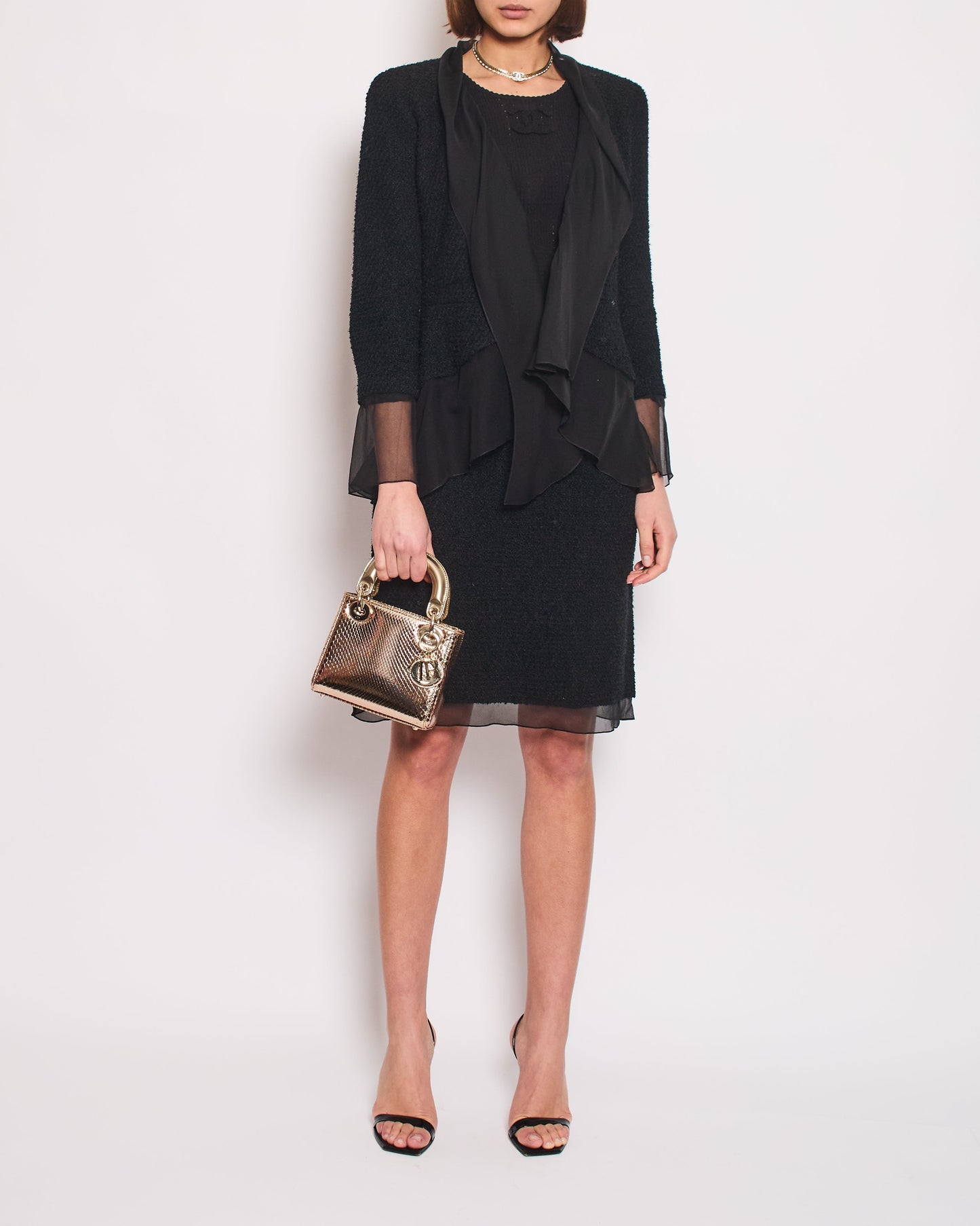 Chanel Black Tweed Jacket And Skirt Set With Silk Trim Details Size Fr 36 (uk 8)