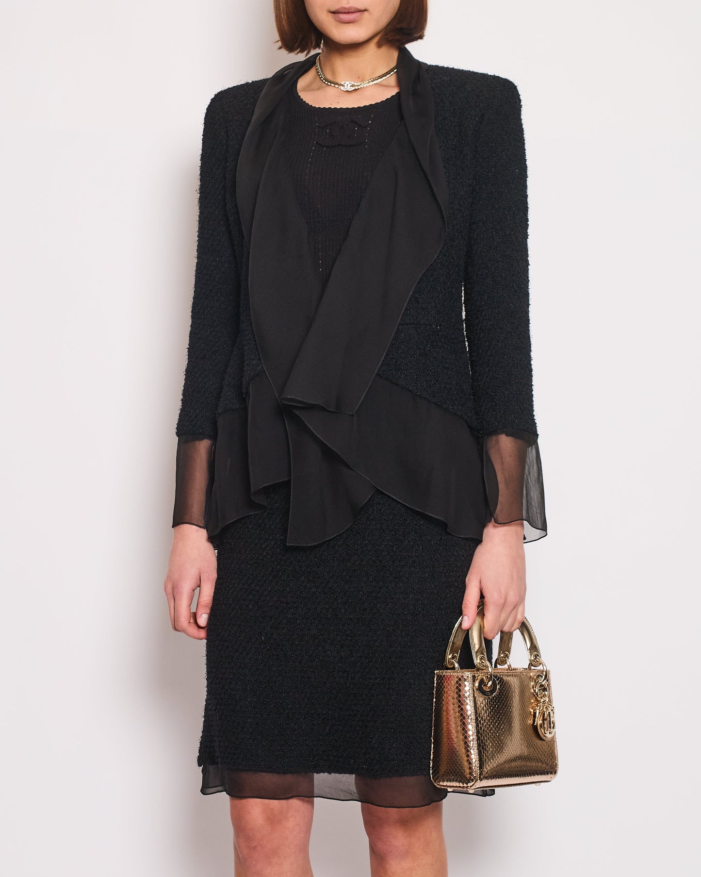 Chanel Black Tweed Jacket And Skirt Set With Silk Trim Details Size Fr 36 (uk 8)