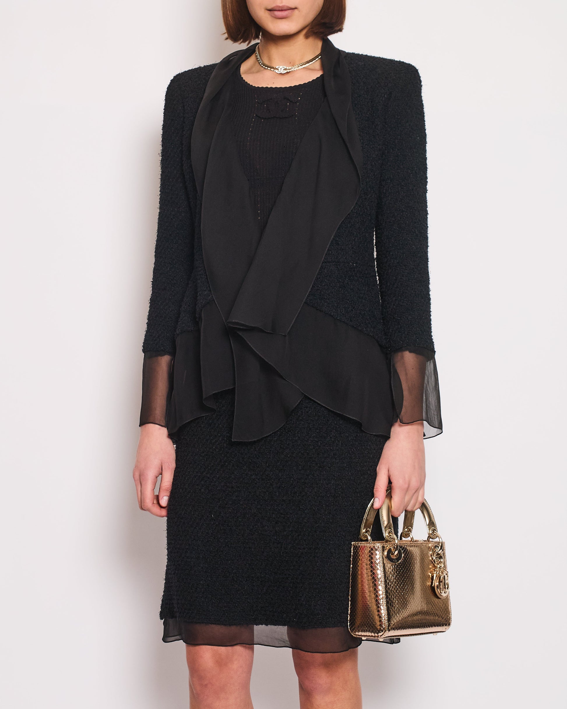 Chanel Black Tweed Jacket And Skirt Set With Silk Trim Details Size Fr 36 (uk 8)