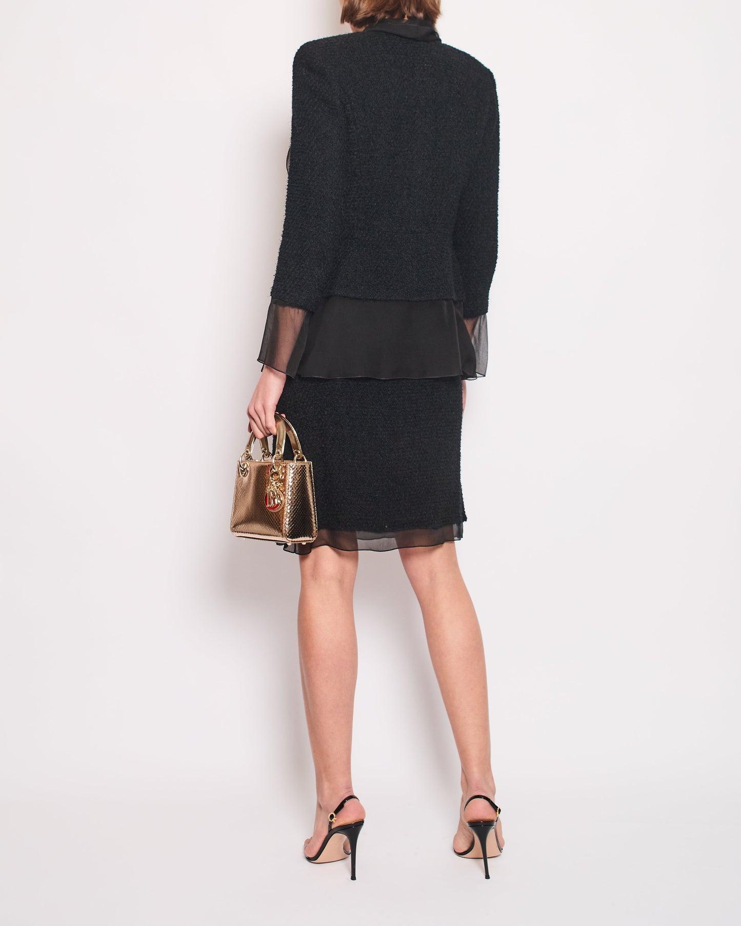 Chanel Black Tweed Jacket And Skirt Set With Silk Trim Details Size Fr 36 (uk 8)