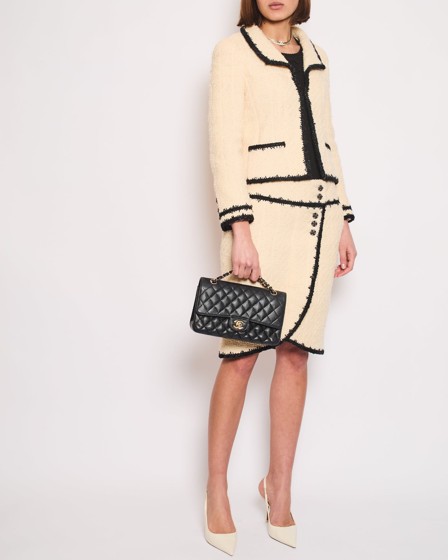 Chanel Metallic Cream Tweed Blazer Jacket and Midi Skirt Set With Black Tweed Trim and Black CC Logo Detail Buttons Size FR 38 (UK 10)