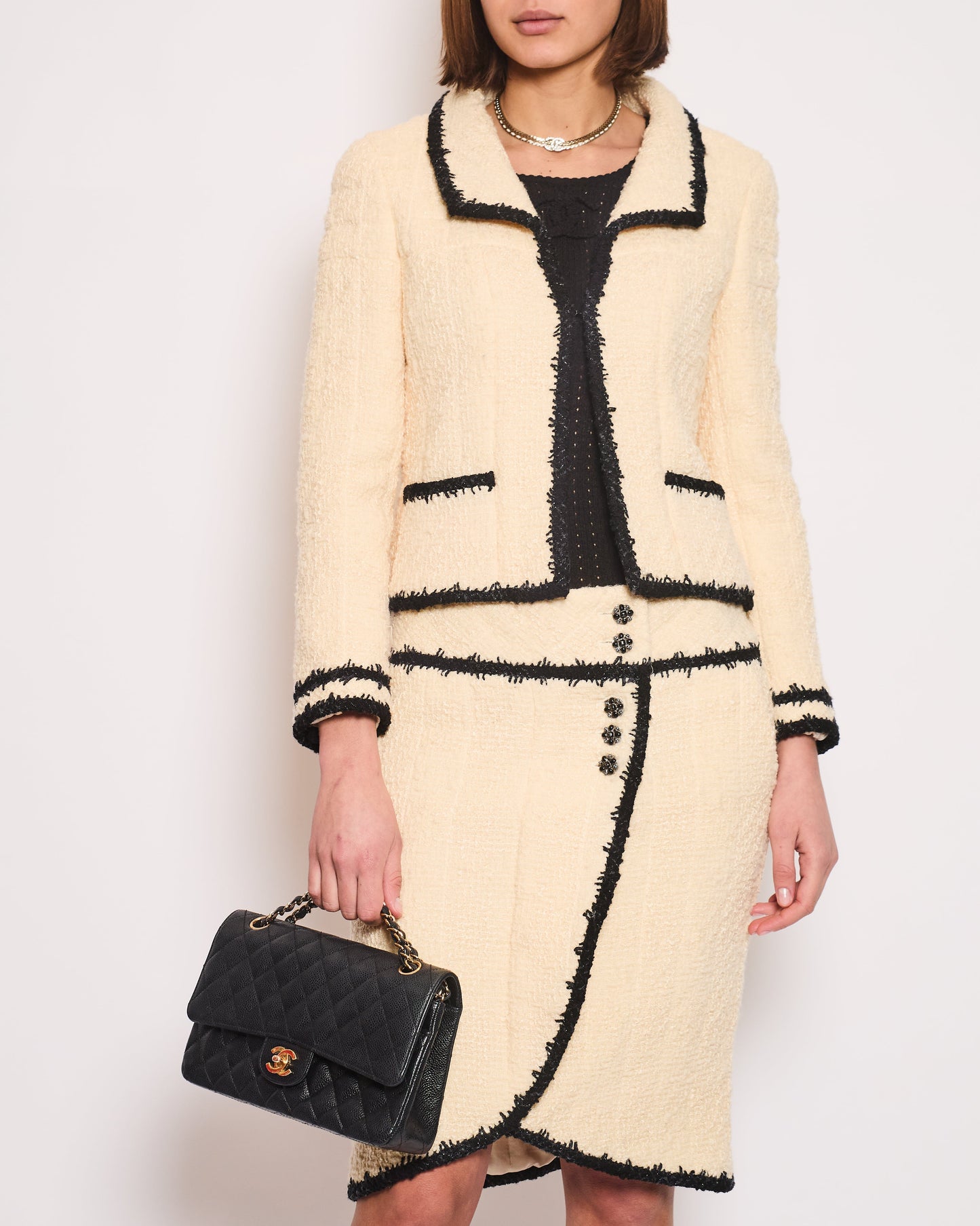 Chanel Metallic Cream Tweed Blazer Jacket and Midi Skirt Set With Black Tweed Trim and Black CC Logo Detail Buttons Size FR 38 (UK 10)